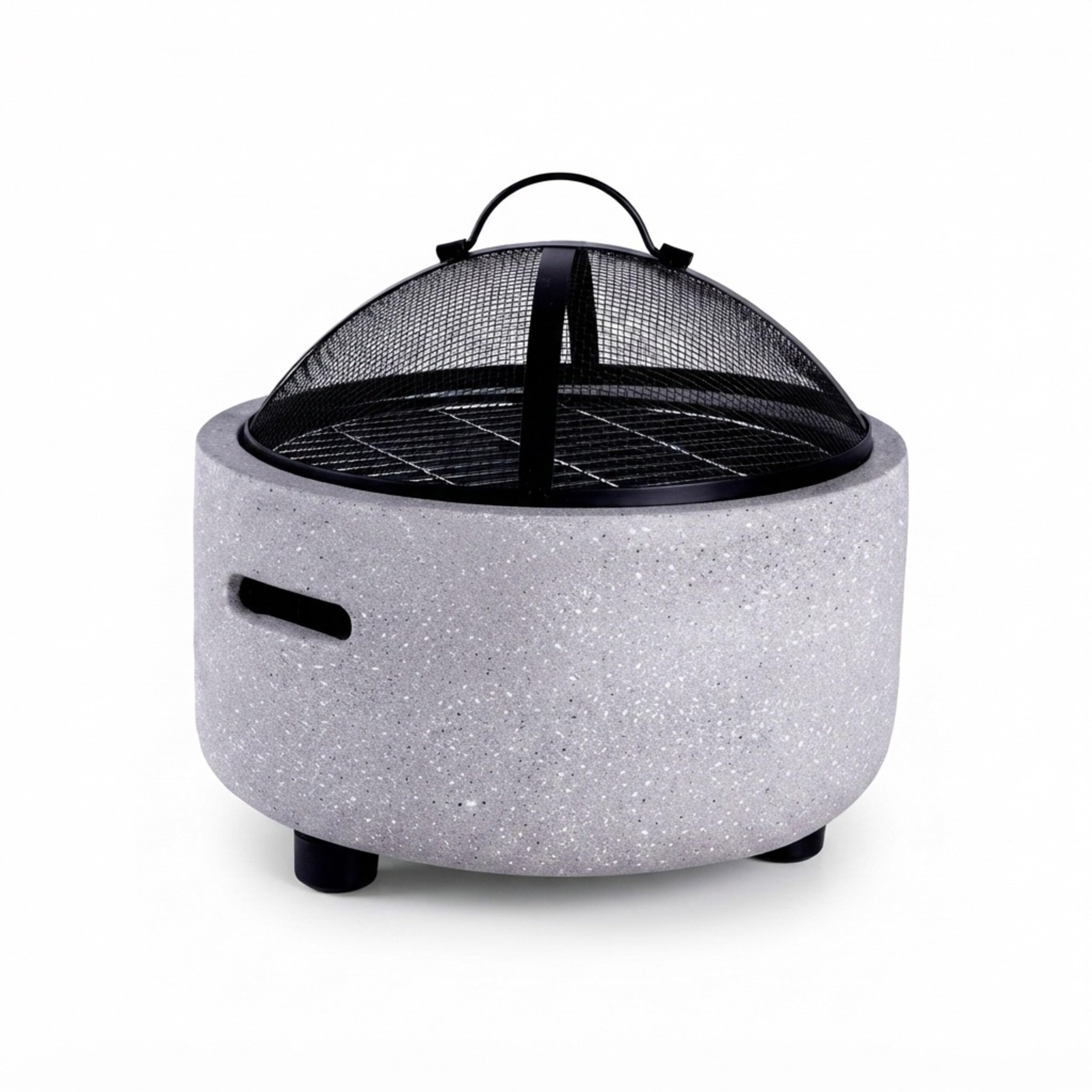 Relaxdays Braciere Ø 44 cm, parascintille, attizzatoio, grigio/nero | Effetto pietra, acciaio, per giardino