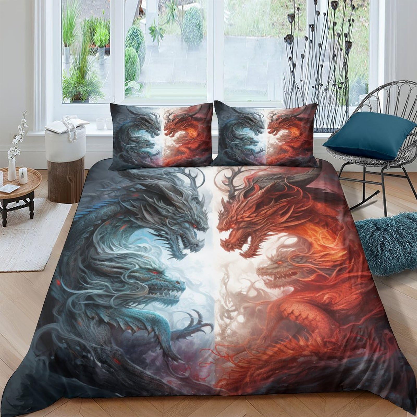 Stampato in 3D Loong cinese Copertina Stampata Microfibra Disegnata Biancheria Da Letto Con Chiusura A Cerniera Con 2 Federe,King（220x240cm）, Per Ragazzi Adulti