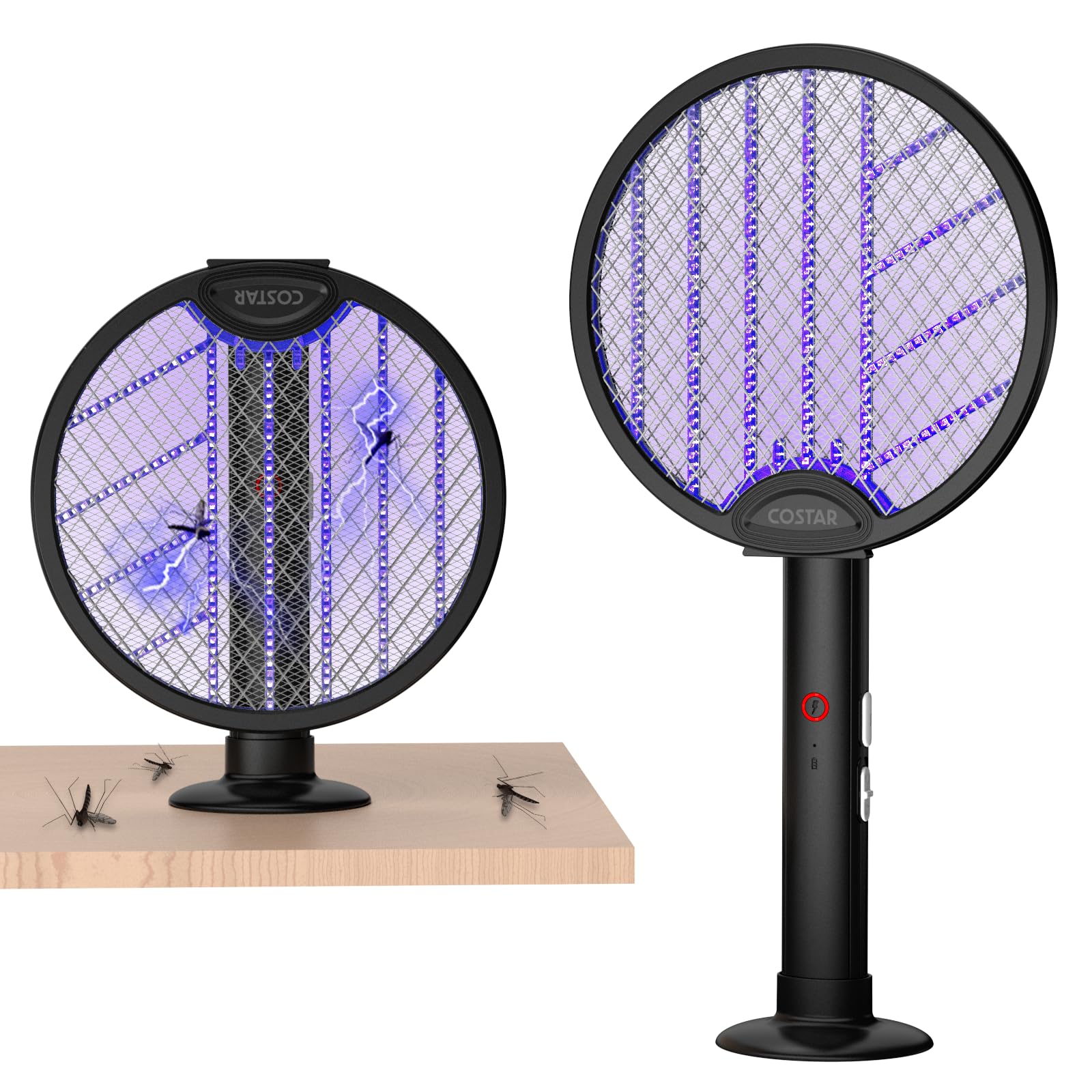 COSTAR Foldable Mosquito Bat Rechargeable with UV Light Lamp, 2-in-1 Mosquito Racket, Electric Fly Swatter, 1200mAh Long-Lasting Battery, Rotatable Bug Zapper - Black