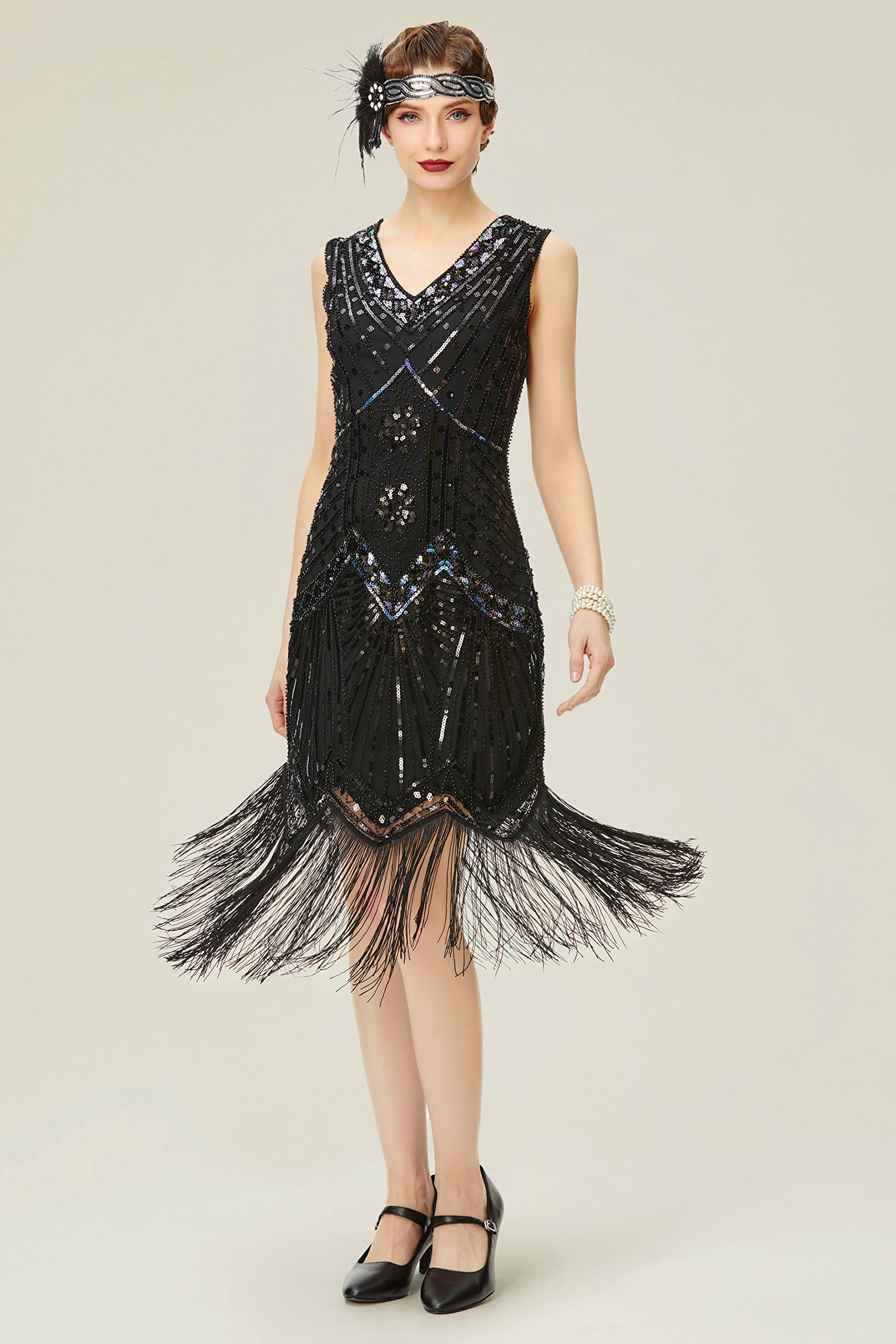 BABEYOND Damen-Charleston-Kleid, 1920er-Jahre, V-Ausschnitt, Great Gatsby-Kleid mit Perlen, Fransen
