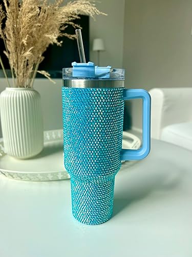 Miniatura 8 de Vaso de 40 onzas con incrustaciones de diamantes de imitación con asa, pajita y tapa, botella de agua aislada de acero inoxidable de doble capa para
