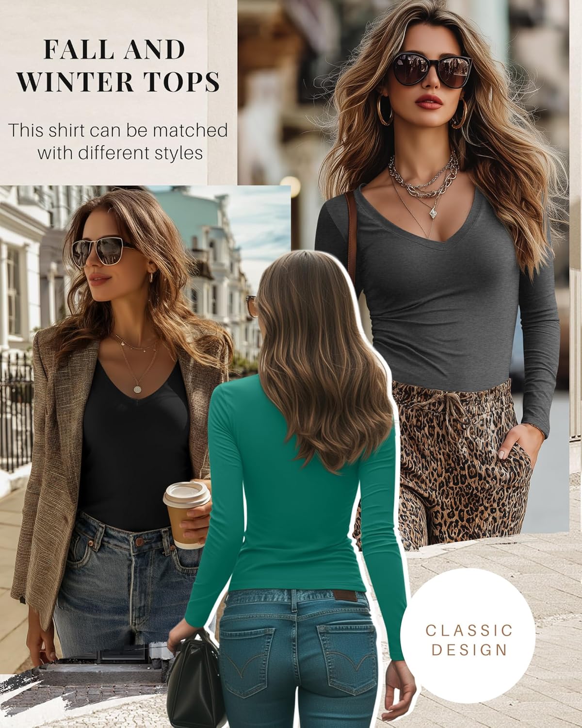 7 Pack Women's V Neck T Shirts Long Sleeve Tee Shirts Slim Casual Multi Pack Fitted Fall Going Out Basic Tops - Image 4