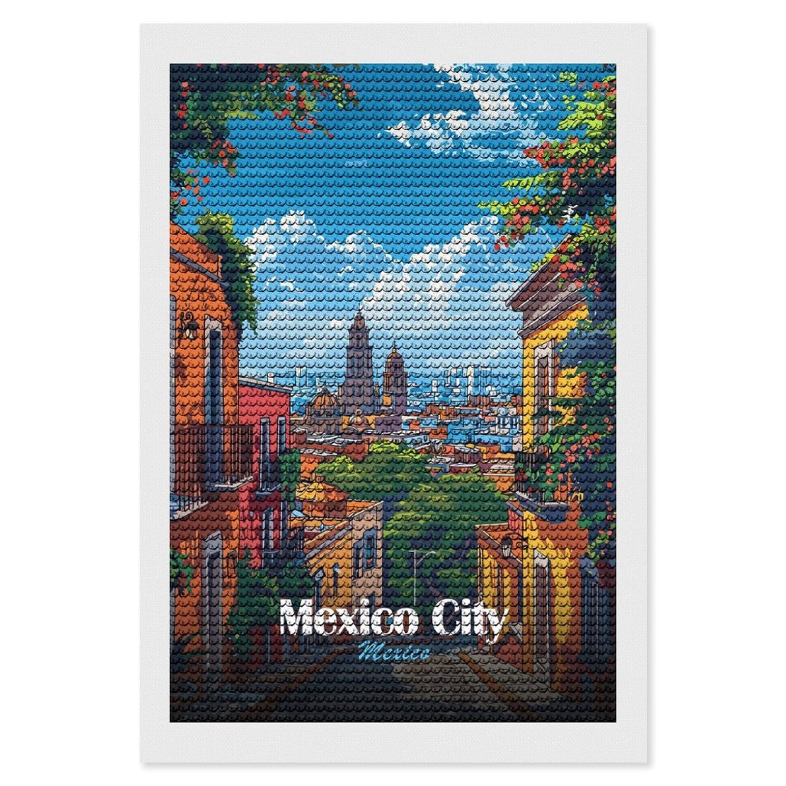Junmoney Mexico City Skyline DIY Diamond Art Canvas Kit 8"x12", Complete Accessories, Creative Leisure Activity, Home Wall Decor, Gift Idea