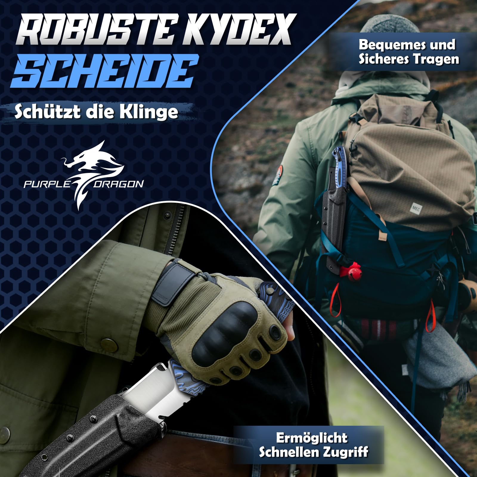 Purple Dragon Full Tang D2 Stahl Outdoor Survival Messer - 6 mm Dicke Klinge, G10 Griff & Kydex Scheide - Robustes Camping Messer für Wildnis und Überlebensaktivitäten Geschenk für Männer