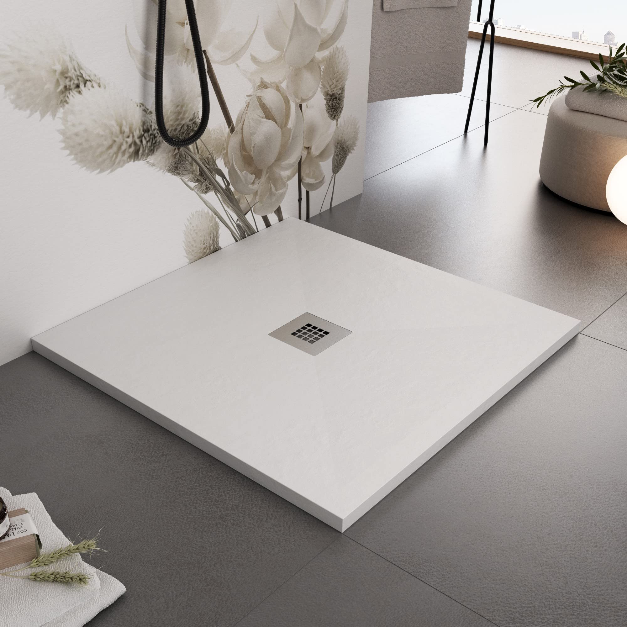 Receveur De Douche En Résine Minérale Effet Marbre | Blanc Mat 80x160 Cm, épaisseur 3 Cm | Avec Grille Inox Et Siphon 42 L/min - 6