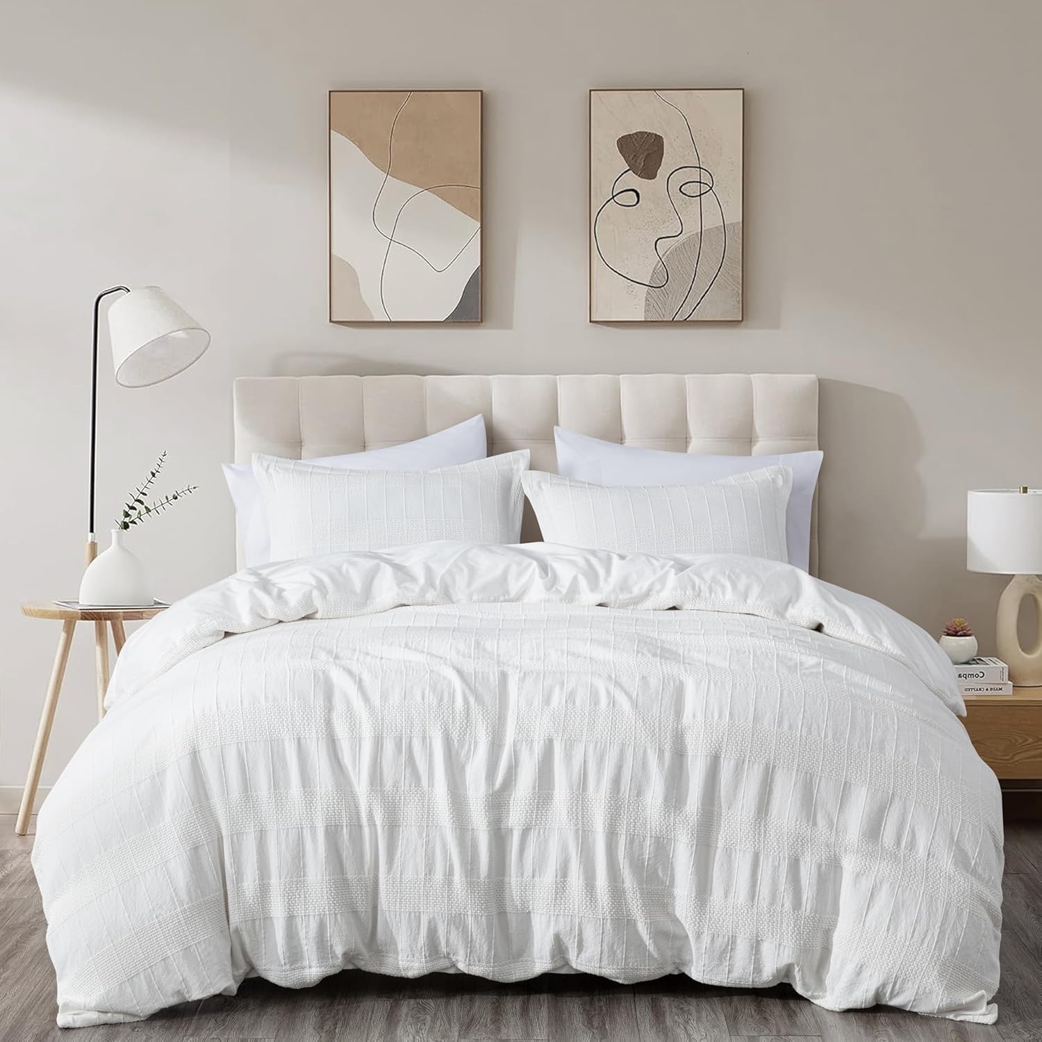 Chezmoi Collection 3-Piece Clip Jacquard Cotton Duvet Cover Set Queen, Boho Chic Textured Tufted Basketweave Striped Comforter Cover with Button Closure, White