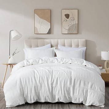 Chezmoi Collection 3-Piece Clip Jacquard Cotton Duvet Cover Set Queen, Boho Chic Textured Tufted Basketweave Striped Comforter Cover with Button Closure, White
