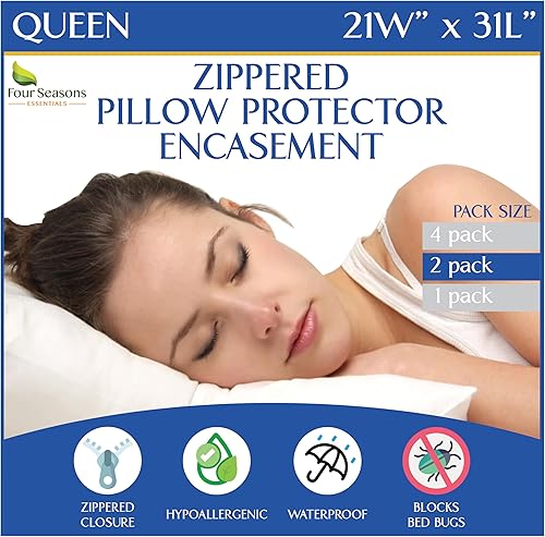 Four Seasons Essentials Protector de almohada impermeable tamaño Queen (juego de 2)  Funda de almohada hipoalergénica con cremallera a prueba de