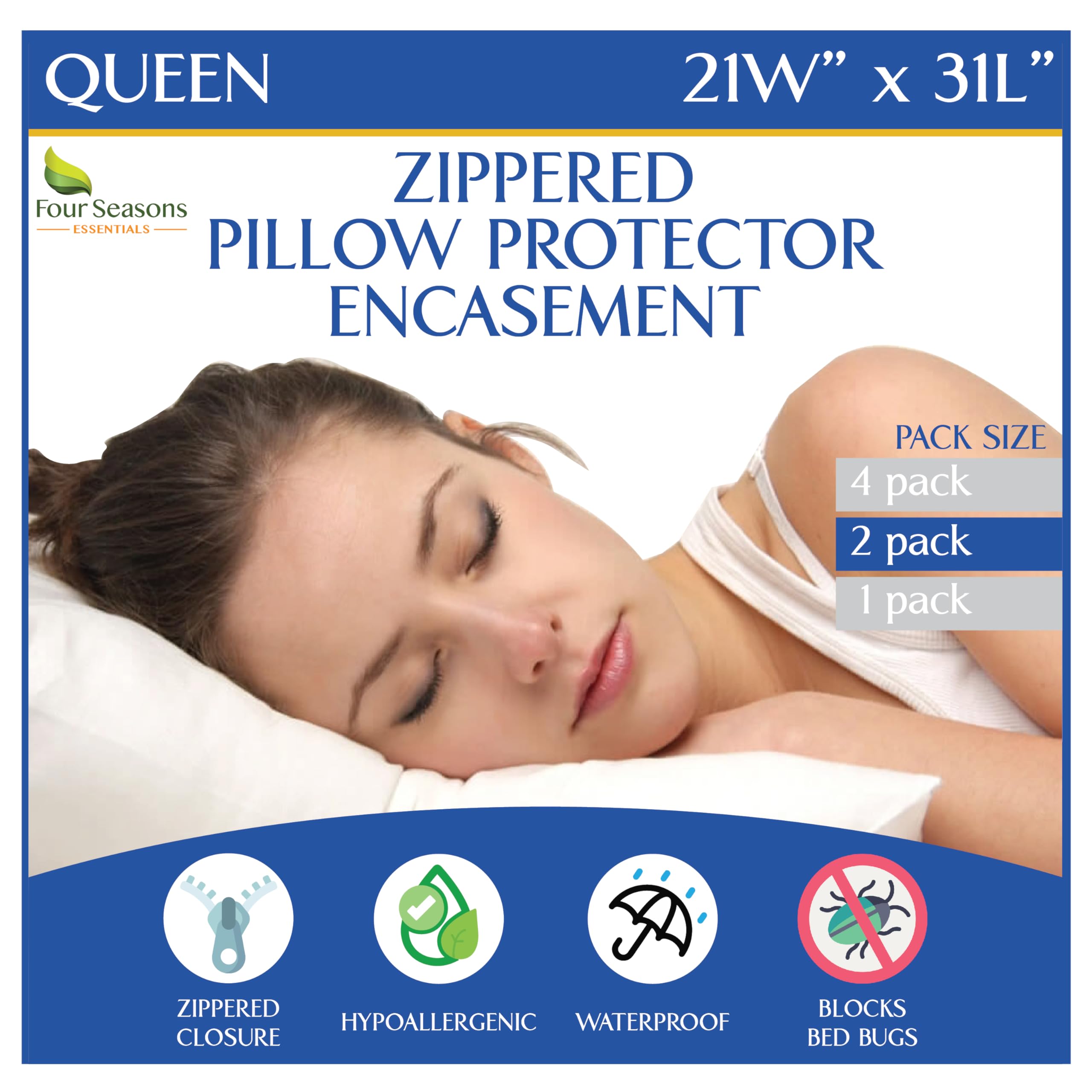Queen Size Waterproof Pillow Protectors (Set of 2) – Zippered Hypoallergenic Pillowcase Cover Allergen Dust Proof EncasementOEKO-TEX STANDARD 100