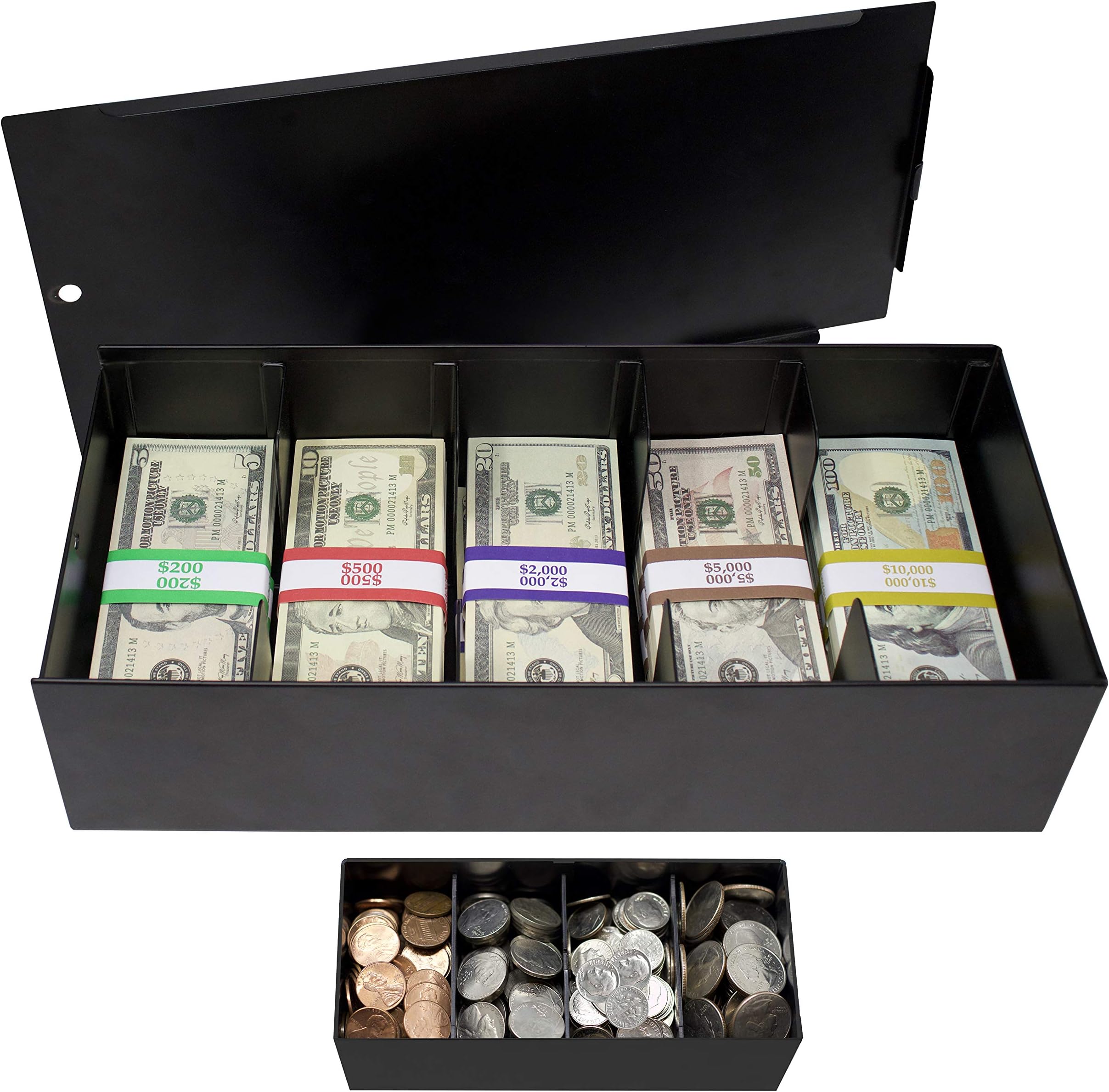 Metal Cash Safe Box with Lock Cover and Coin Inserts