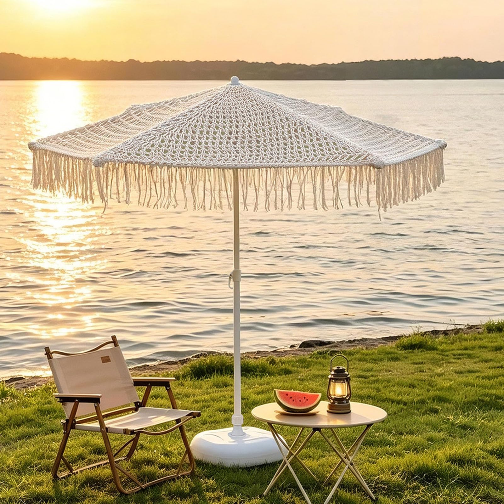 Ombrellone da Esterno Boho con Frange da 200 Cm, Rete Intrecciata A Mano, Ombrellone da Spiaggia con Nappe per Piscina, Giardino, Cortile, Decorazione Tropicale.