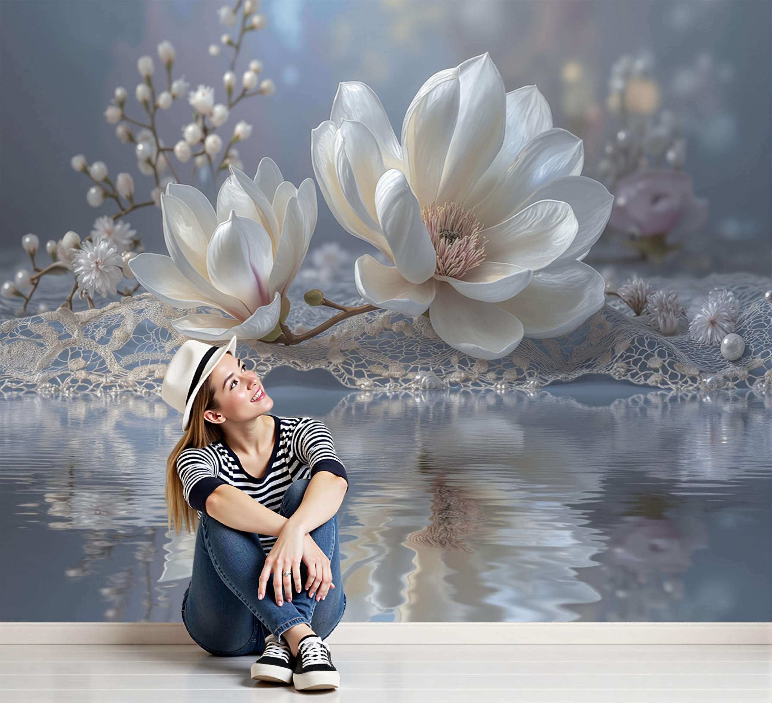 Papier peint panoramique pour salon romantique magnolia gris en soie