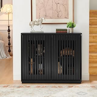 Solid Wood Storage Cabinet,Walnut Fluted Buffet Sideboard with 2 Doors and Shelves,Mid Century Modern Fluted Hollowed Out Floor Accent Cabinet for Entryway Hallway Dining Room(Farmhouse, Black)