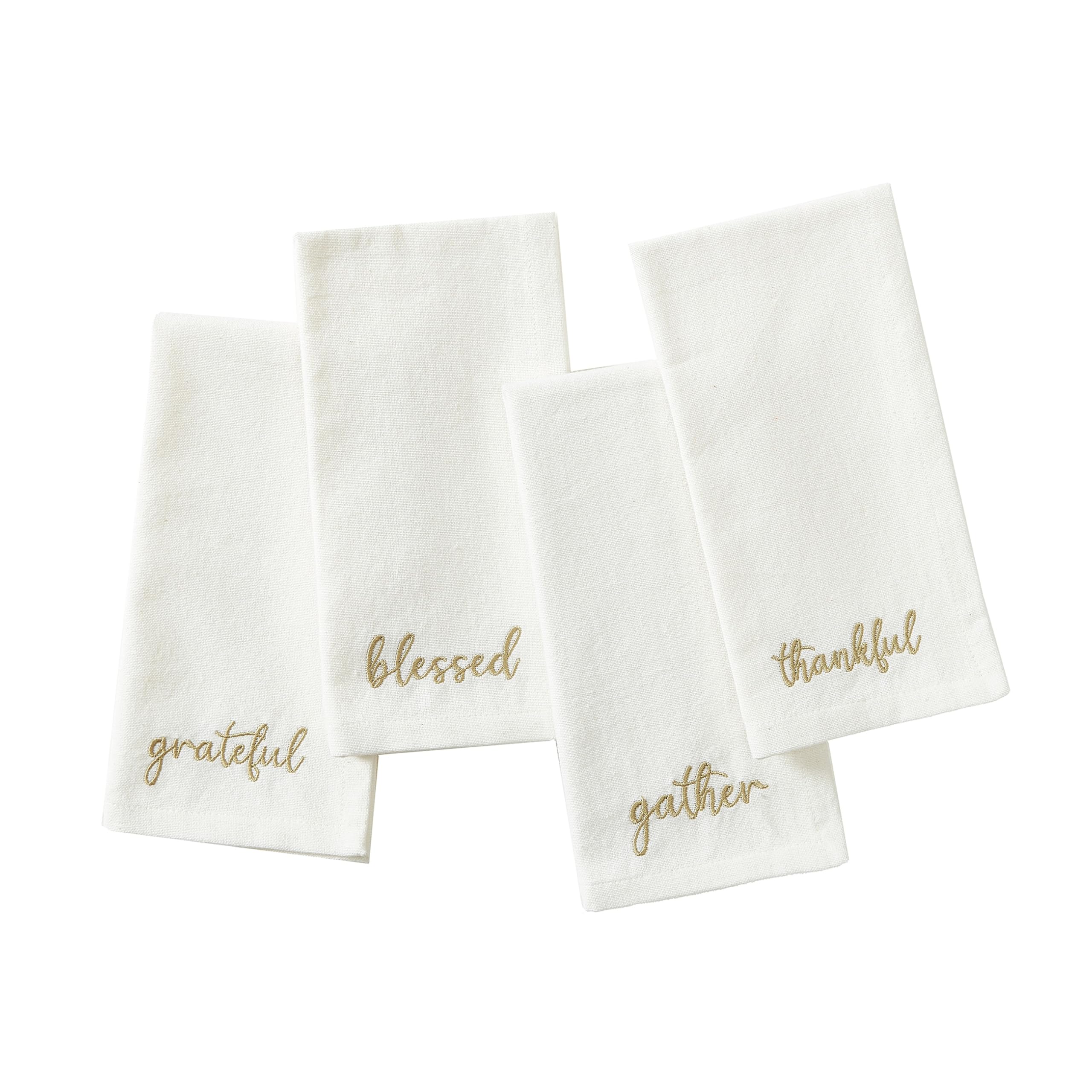 Elrene Home Fashions Harvest Fall Sentiment Embroidered Napkins, Set of 4, 17"x17", Ivory