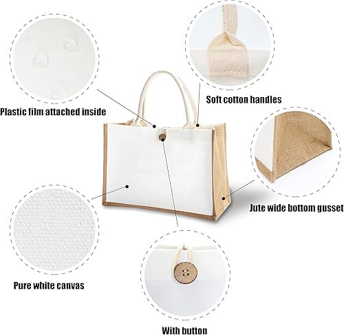 Miniatura 3 de YACEYACE Bolsa de arpillera con botón, 14.5 x 6.7 x 10.2 pulgadas, juego de 1 bolsa de yute reutilizable para viajes, bricolaje, compras, playa,