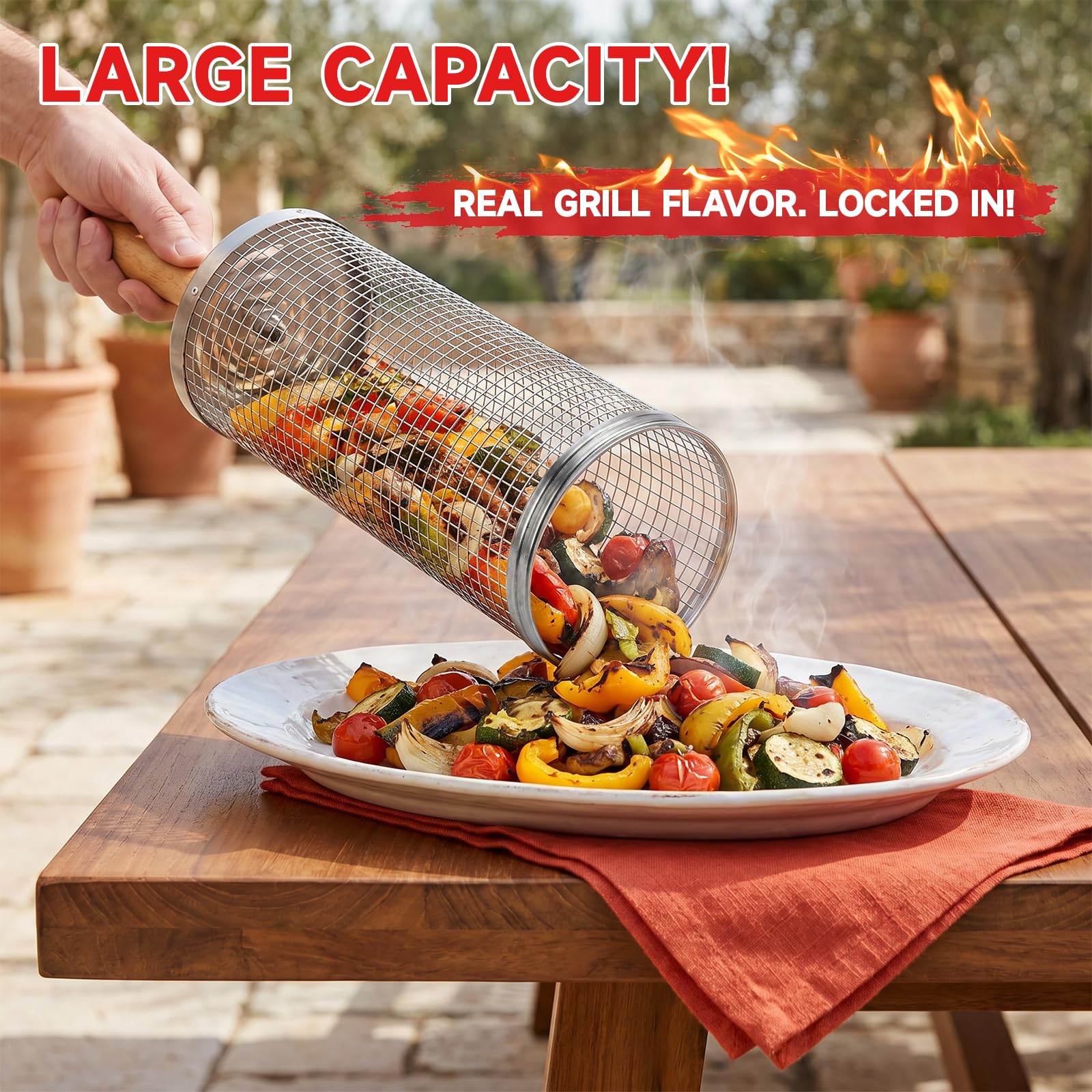 Panier à Barbecue Roulant, Paquet de 2 Paniers à Grillades Enroulable avec Poignée Détachable et Brosse Panier Grille Barbecue Emboîtables pour Légumes, Viande, Poisson Cadeau Hommes