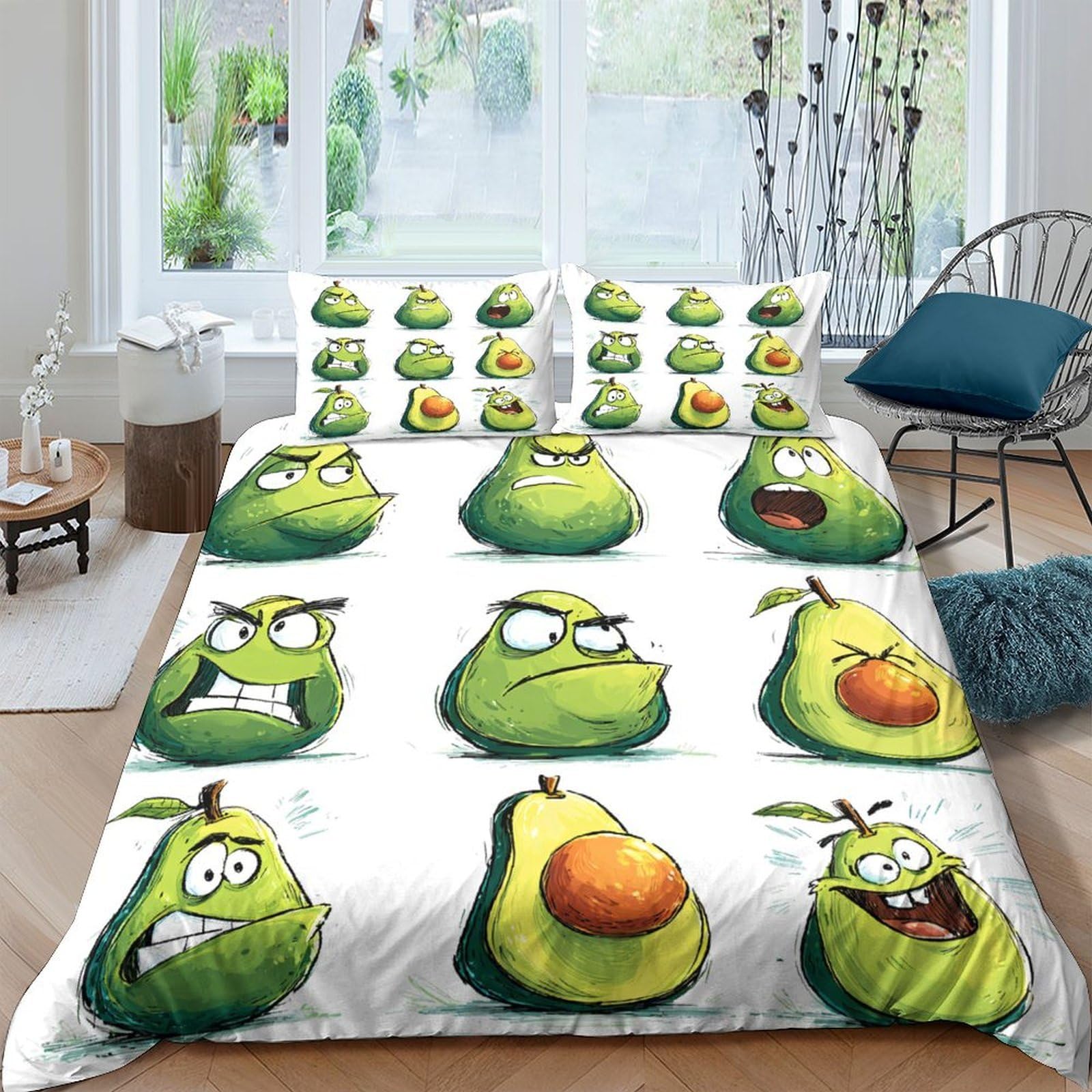 XFKLYNVCJ 3D Printed Avocado faces Bedding Cover Brushed Microfiber Cartoon expressive style Comforter Cover Soft Durable Machine Washable for Student Dorm Uni Accommodation Use Double（200x200cm）
