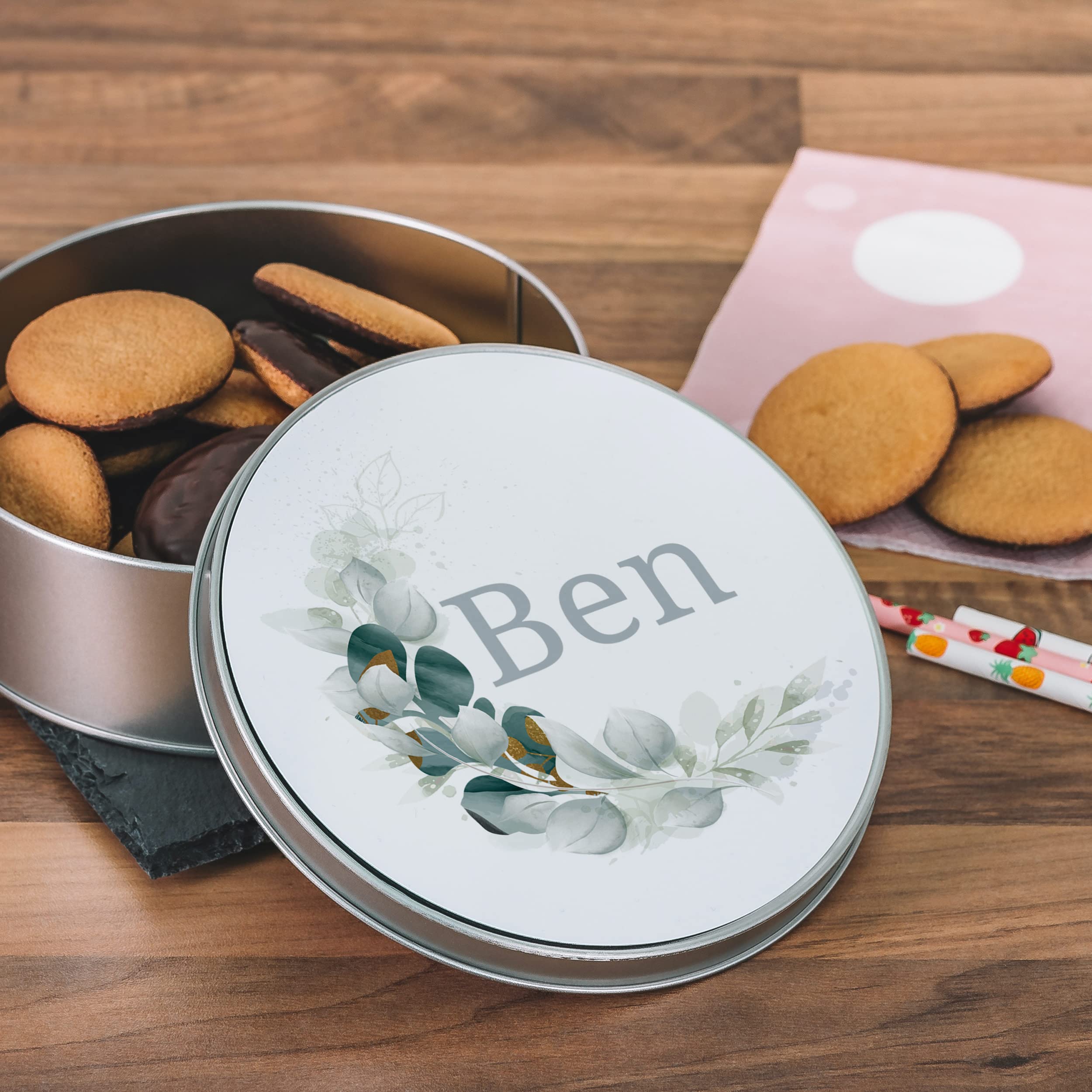 STEMPEL-FABRIK – personalisierbare runde Dose mit Name oder Wunschtext – Aquarell Motiv mit grüner Mondsichel – bedruckte Geschenkdose – ideale Keksdose, Metalldose, Plätzchendose
