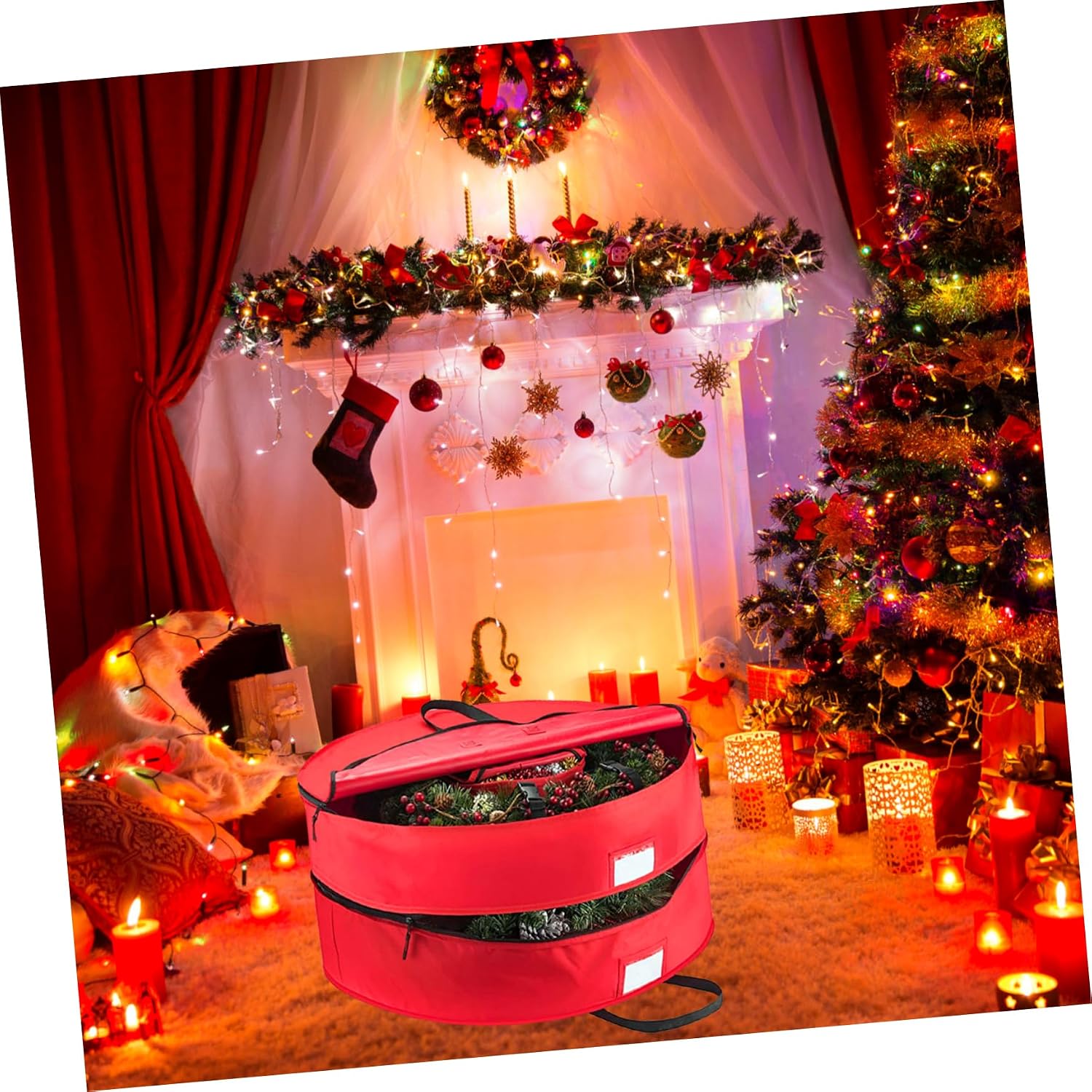Levemolo 1pc Round Storage Bag for Wreaths Double Organizer for Holiday Decorations Festive Garland Holder and Portable