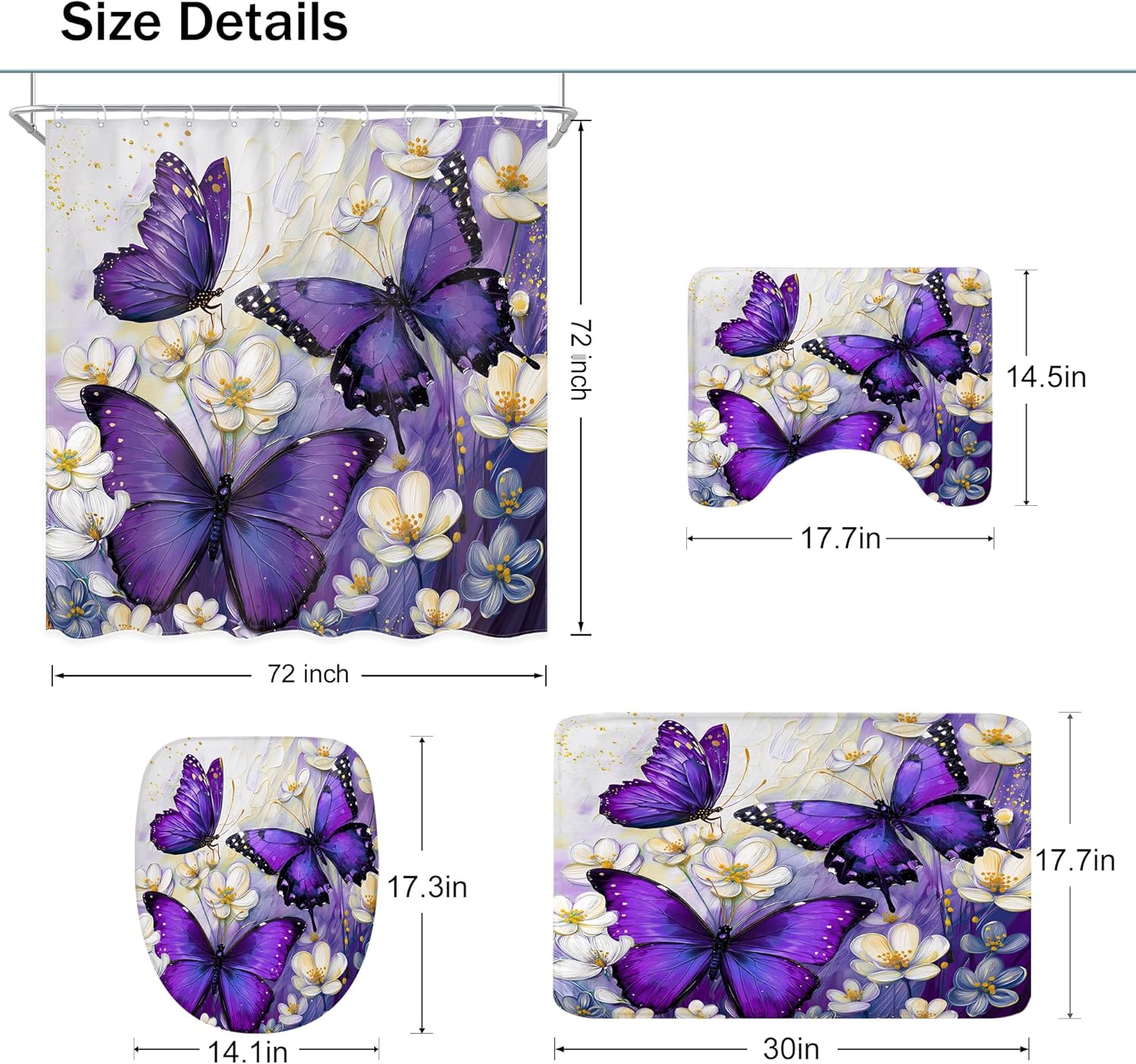 4 PCS Pueple Butterfly Bathroom Set with Shower Curtain and Rugs 72Wx72H Inch Floral Oil Painting for Gilrs Non-Slip Bath Rug Toilet Lid Cover and U Shape Mat Accessories 12 Hooks Bathoom Decor