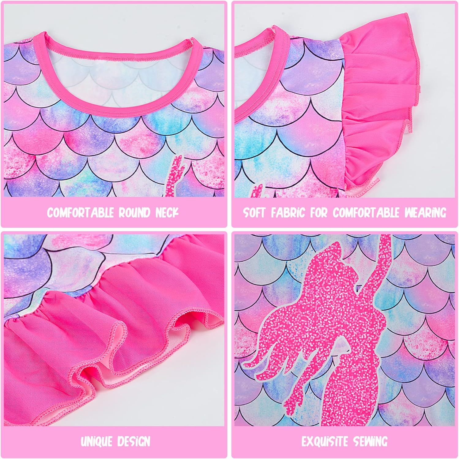 Nidoul 2pcs Girls Nightgowns Unicorn Mermaid Pajamas for Toddler Girls Princess Nightgown Sleepwear for Kids 3-9 Years - Image 4