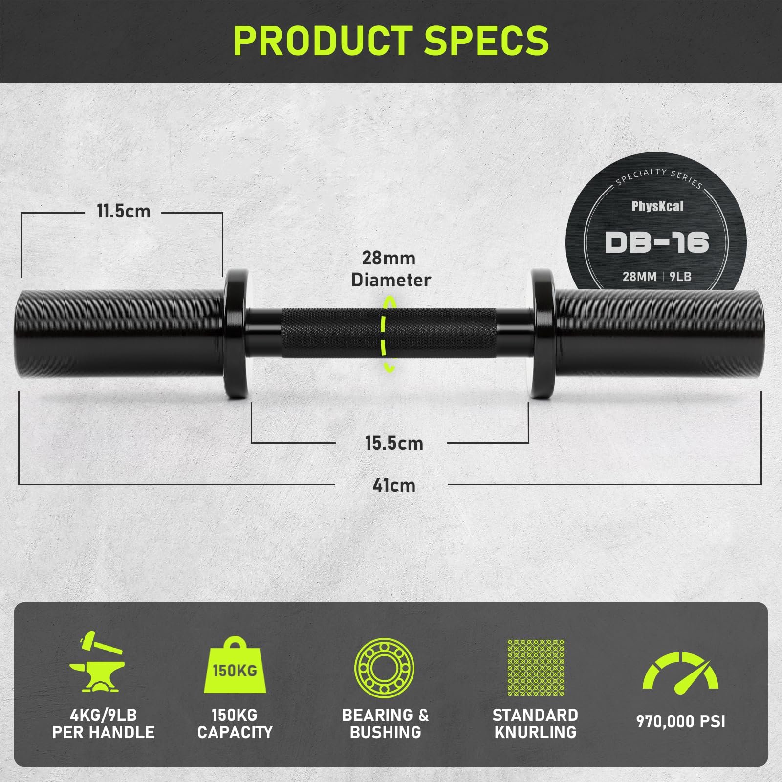 PhysKcal Coppia di manubri regolabili per dischi da 50 mm, manico Olympia-Dumbell da 16" con manico da 28 mm, Dumbell Bar per dischi Olympia