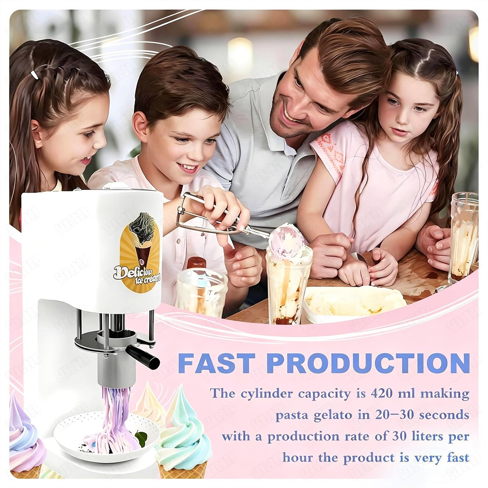 Máquina de helado en espagueti 80W, 4 moldes de acero inoxidable intercambiables, 30L/H, un solo toque, compacta para heladerías, parques y uso doméstico