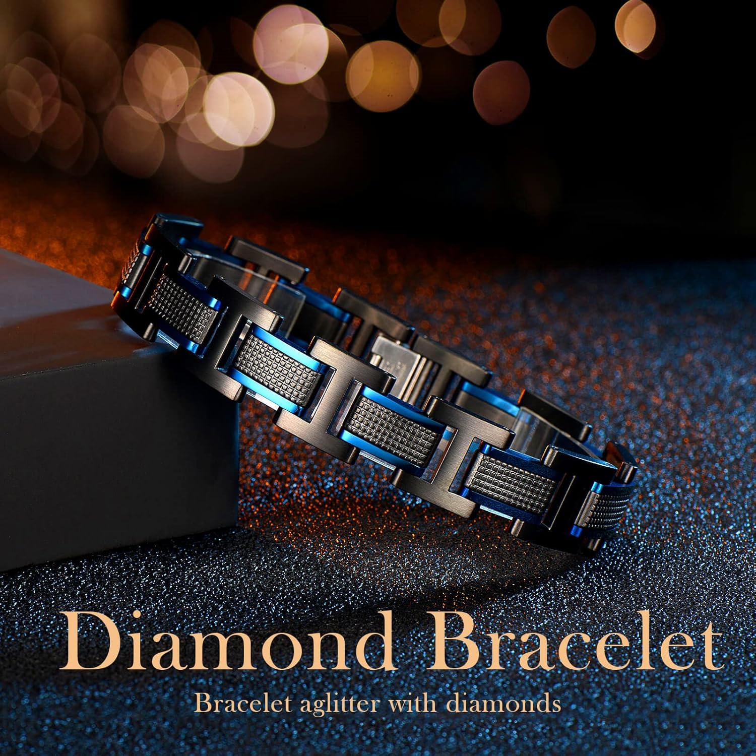 Men's Stainless Steel Two-Tone Square Link diamond Bracelet in Black & Blue Ion-Plated Black - Image 5