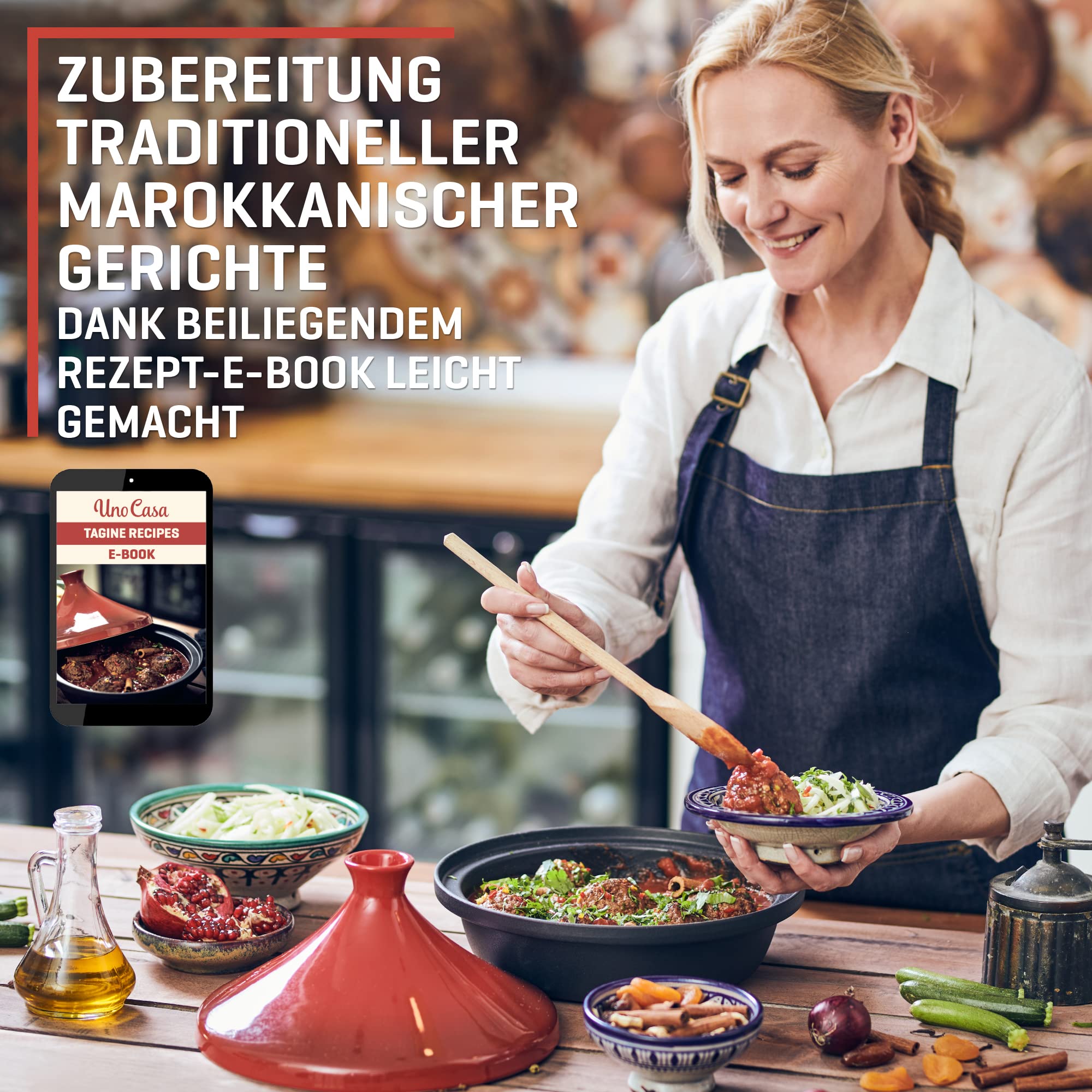 Uno Casa Marokkanische Tajine-Auflaufform – Topf aus Gusseisen, 3,5 l, mit emailliertem Gusseisenboden und kegelförmigem Deckel
