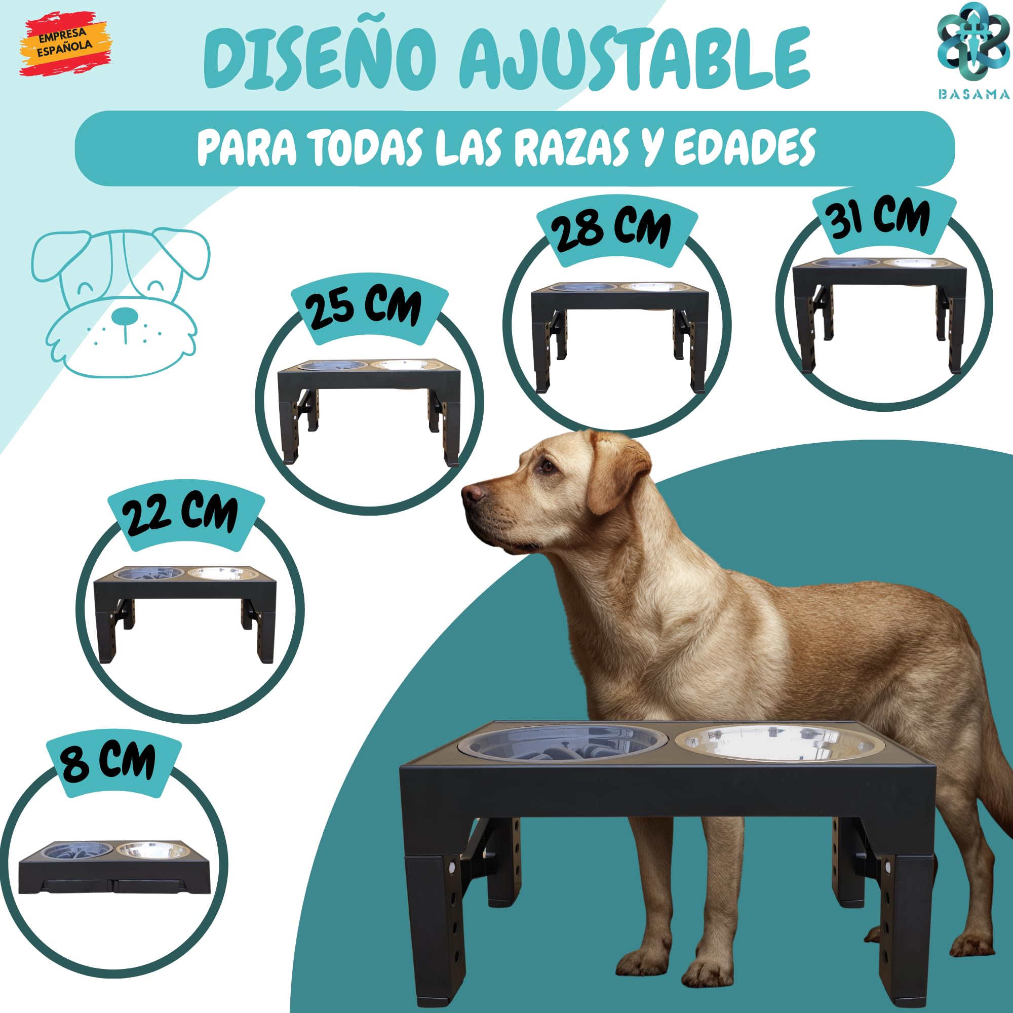 Comedero Perro Elevado 5 Alturas, con 2 Platos de Acero y 1 comedero antivoracidad Perro + 1 Pelota Perros interactiva + 1 Rollo de Bolsas para excrementos| Apto para Todas Las Razas, Edades