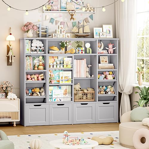 Miniatura 3 de FINETONES Almacenamiento de juguetes de 55.1 pulgadas de ancho con estantería deslizante, organizador grande de juguetes para niños con 4 cajones