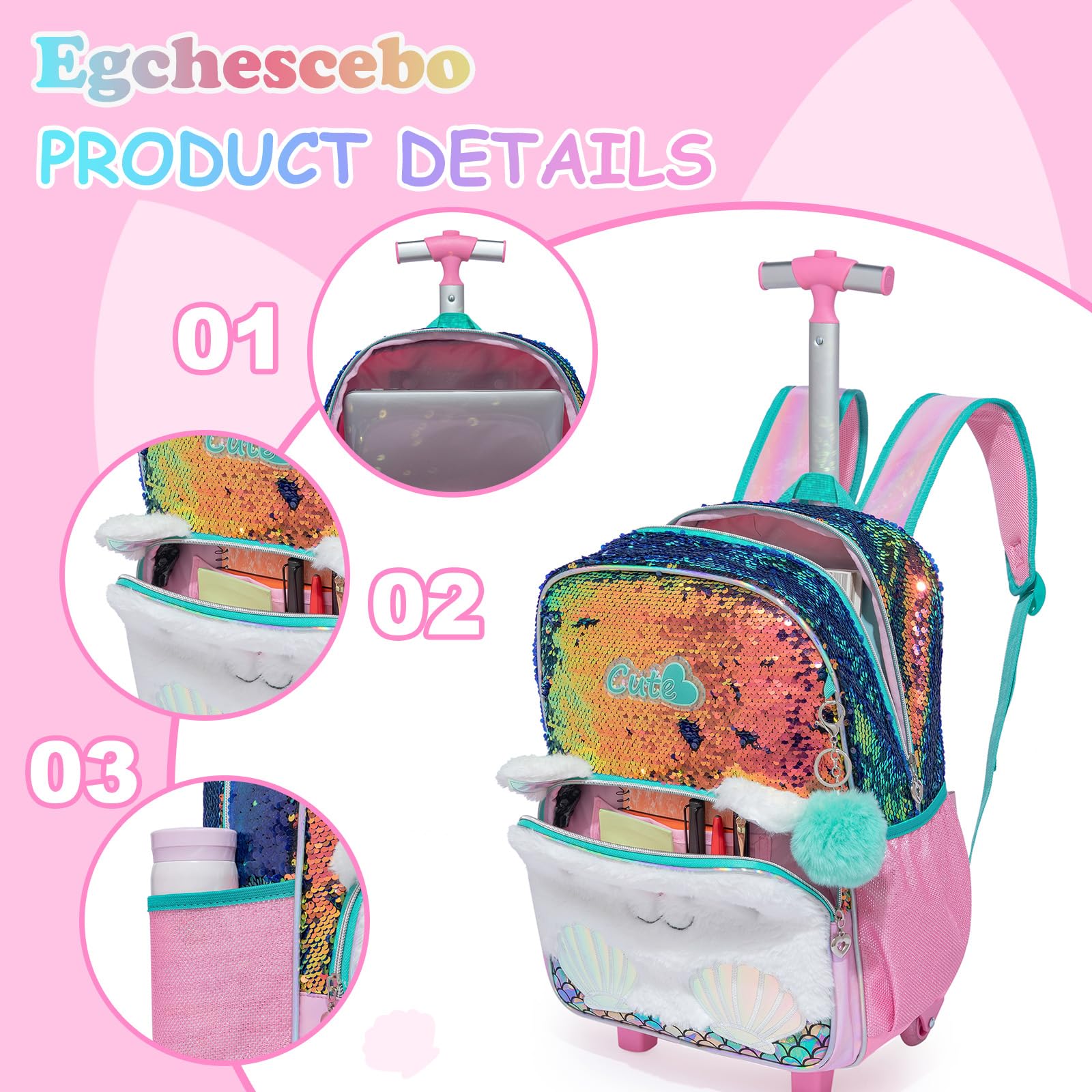 Mochilas Escolares con Gatos Ruedas Carro Niña 17" 3PCS Mochila Carrito para Trolley Escolar Bolso Viaje Estuche Stitch Mujer Maleta Colegio Grande Medianas Infantil Niñas Peluche Champán