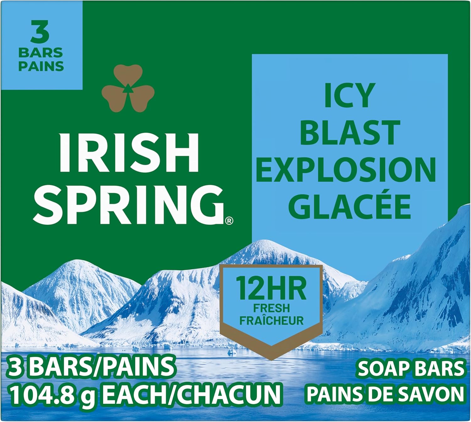 Irish Spring Icy Blast Bar Soap for Men, Mens Soap, Smell Fresh and Clean 12 Hours, Men Bars Washing Hands Body, Mild Skin, Recyclable Carton, 24 Pack, 3.7 Oz
