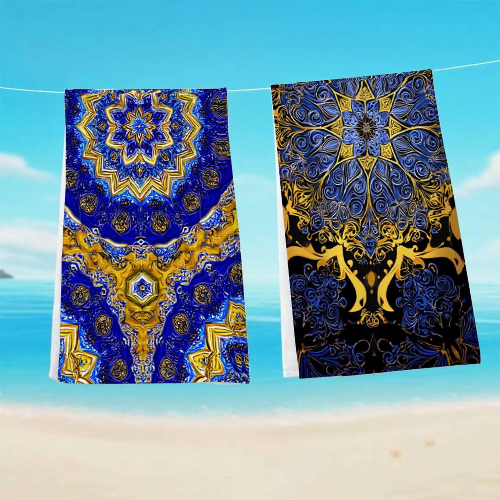 Telo Mare Microfibra 90x180 cm Telo Mare Grande, Asciugamano Palestra Assorbente Asciugatura Rapida, Asciugamano Mare Antisabbi Stuoia Spiaggia per Piscina, Campeggio, Viaggio 2 Set- Boemia Blu G1-832