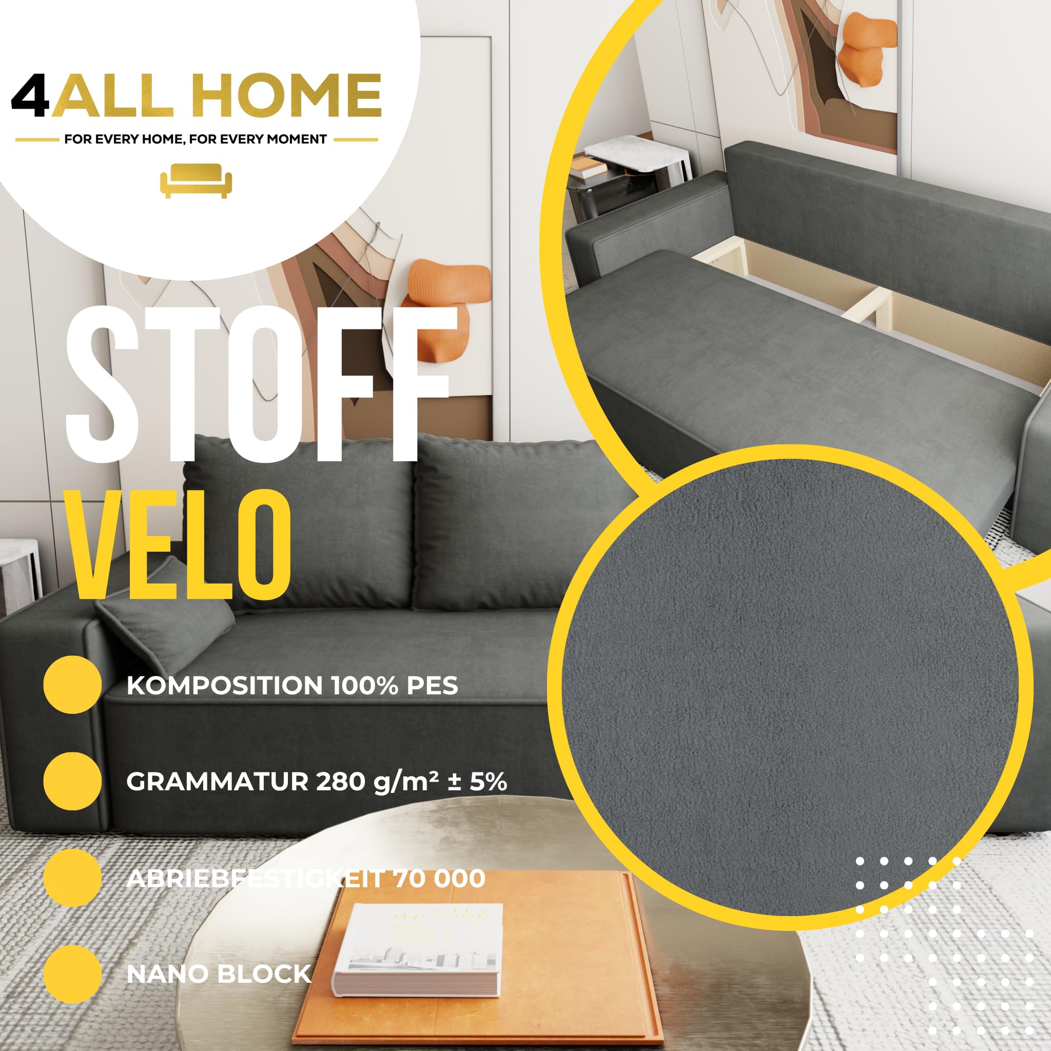 Sofa mit Schlaffunktion Veno 242x95 cm - Couch - Sofa mit Bettkasten - 3 Sitzer - Schlafsofa - Schlafsofa mit Bettkasten - Cord - Wohnzimmer - Samt (Velo 635 Stahl)