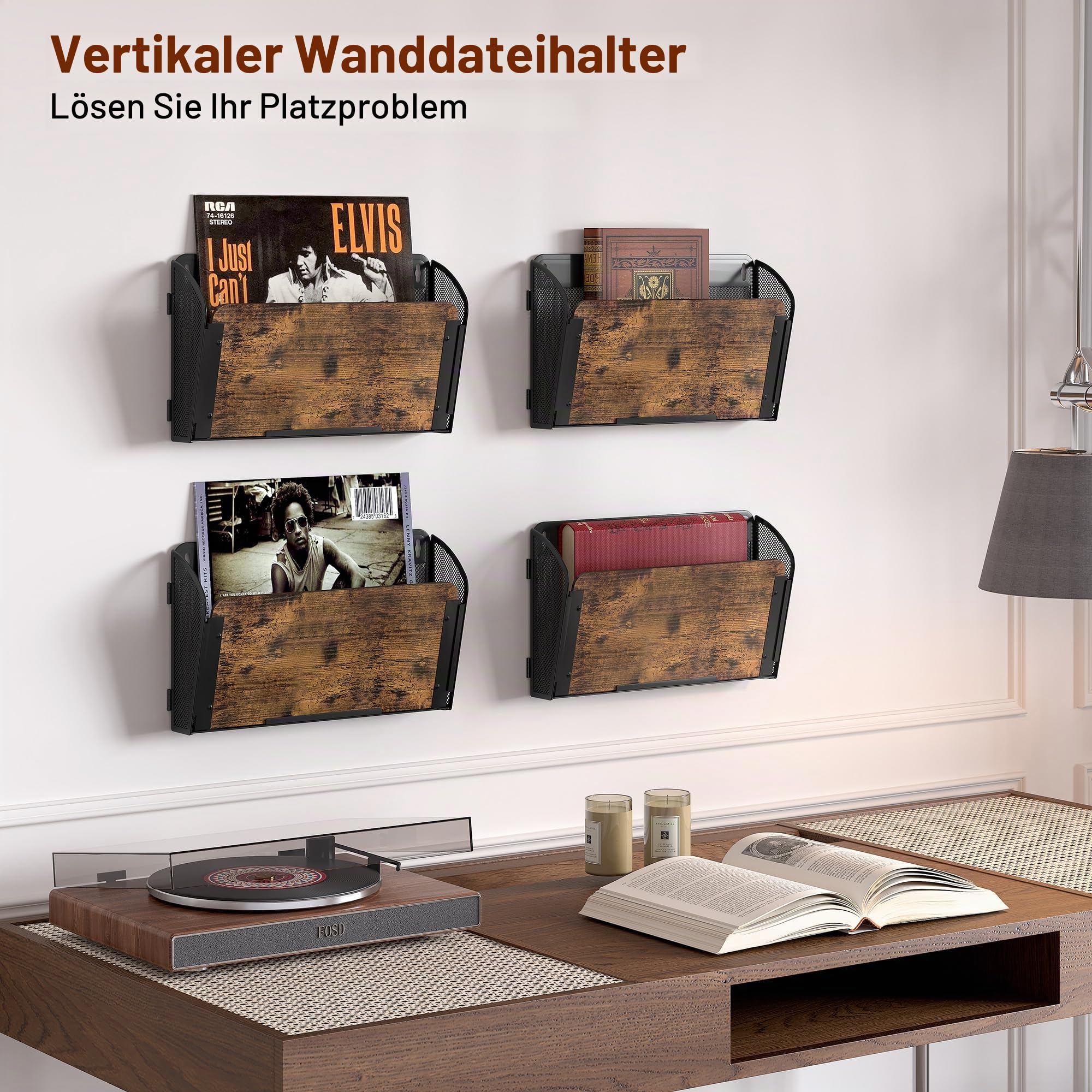 TQVAI 4 Taschen Zeitschriftenhalter Wand Metall Holz Dokumenten Organizer Papier A4 Flyerhalter Postsortierer Dokumentenablage für Büro Zuhause Schule, Schwarz/Antik