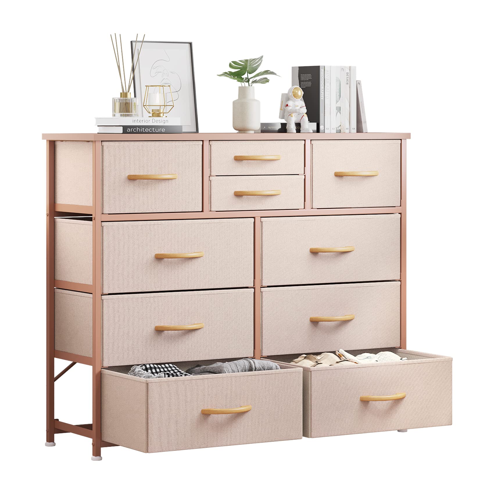 LUMTOK 10-Drawer Dresser, Fabric Storage Tower for Bedroom, Hallway, Nursery, Closets, Steel Frame, Wood Top, Easy Pull Handle, Rustic Brown (Rose Gold)-image-21