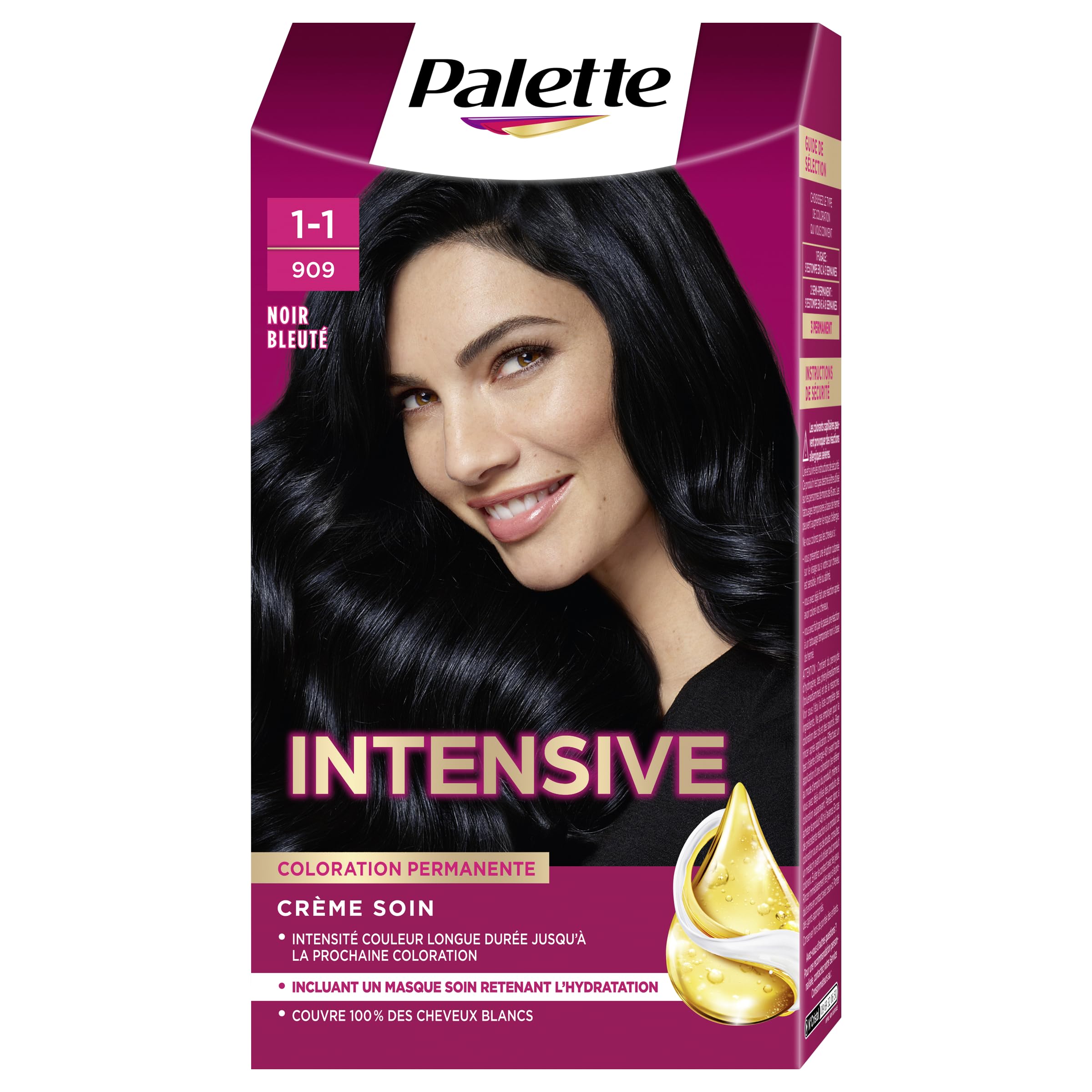 Schwarzkopf Palette, Coloration Permanente Cheveux, Crème Soin, Couvre 100 pour cent des Cheveux Blancs, Tenue 8 semaines, Noir Bleuté 909, 1 Unité