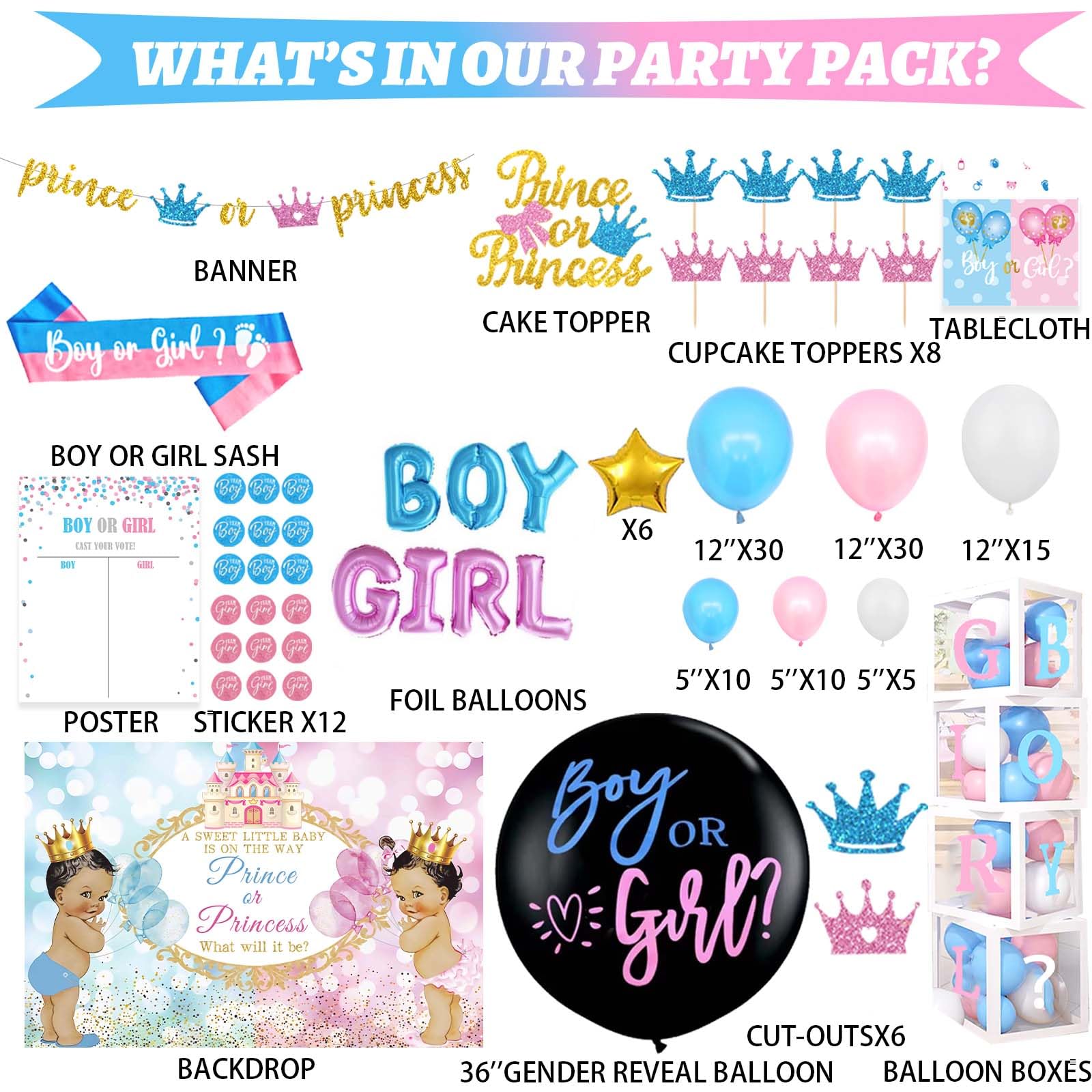 Hombae Prince or Princess Gender Reveal Decorations, Boy or Girl Gender Reveal Decorations Backdrop Balloon Garland Banner Tablecloth Cake Cupcake Topper Box Cutout Poster Sash Pink Blue