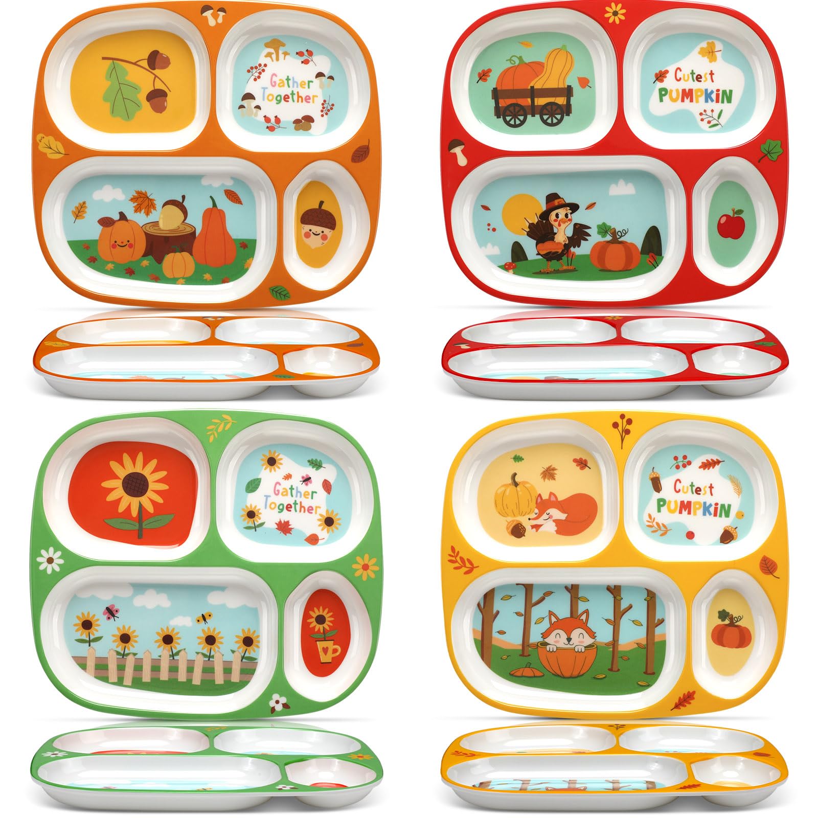 8 Pcs Fall Thanksgiving Kids Divided Plates Fall Plates Dinnerware Set for Kids Bulk Plastic Thanksgiving Themed Serving Dishes Pumpkin Turkey Sunflower Pine Nut Self-Feeding Dishwasher Safe