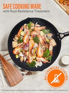 BrBrGo 13 Inch Carbon Steel Wok Set - 5 Piece Authentic Chinese Stir-Fry Pan with Wooden Lid, Flat Bottom for All Stoves