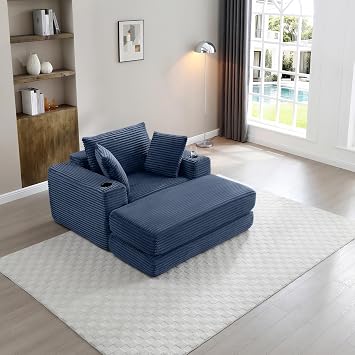 Eafurn 52.4" Oversized Chaise Lounge Indoor with Foldable Ottoman Convertible Boneless Sleeper Sofa Bed, Deep Seat Lounge Chair with Cup Holder & Side Pocket, No Assembly for Living Room | Breathable material