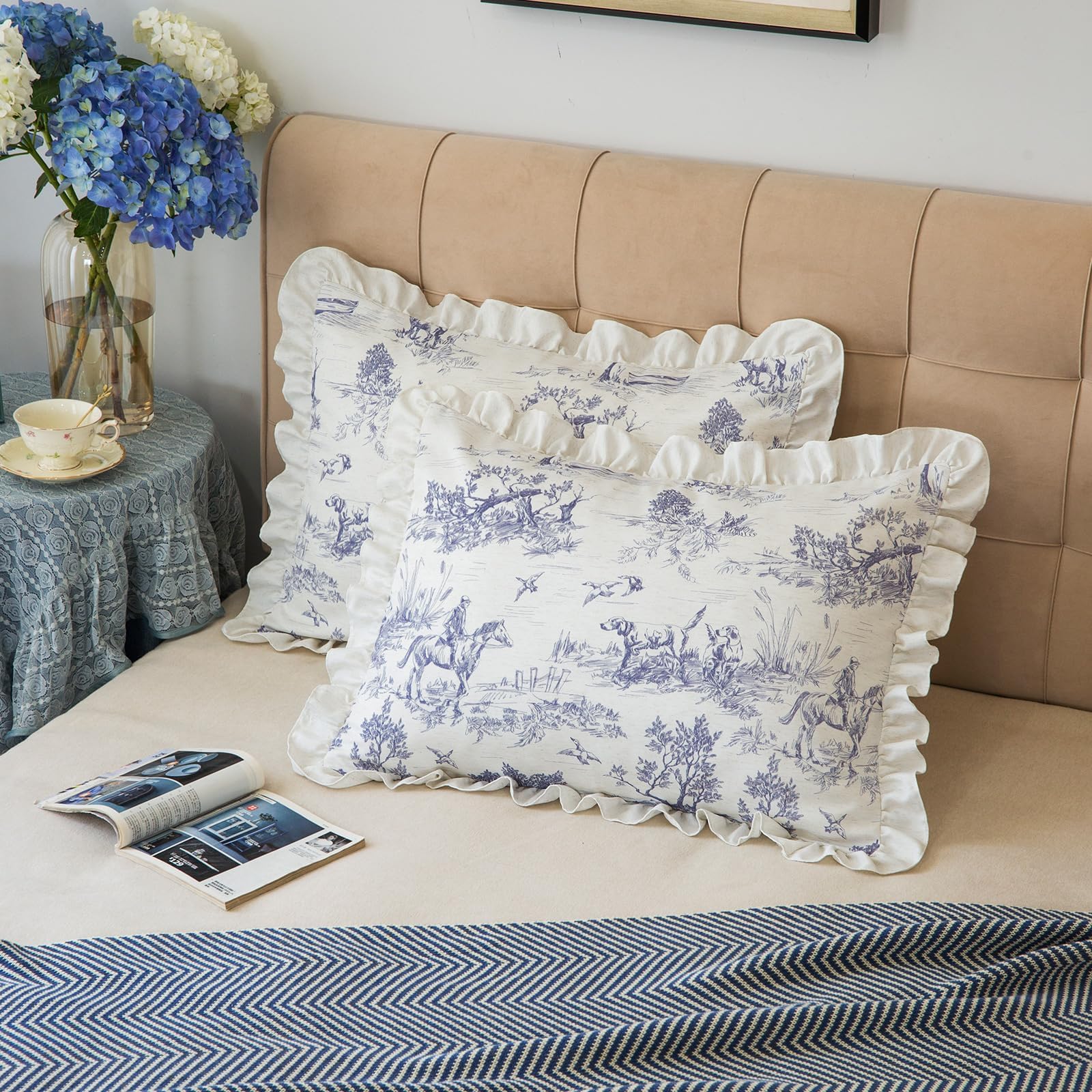 Pillow Shams Set of 2 Classic French Village Printed Linen Fabric Decorative Pillow Cases Retro Ruffle Flounces Trim for Home Bedroom Decor Pillow Covers Blue King 20x36 Inches