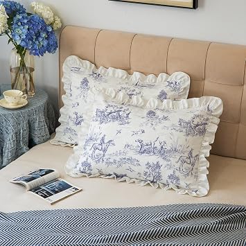GLORY SEASON Pillow Shams Set of 2 Classic French Village Printed Linen Fabric Decorative Pillow Cases Retro Ruffle Flounces Trim for Home Bedroom Decor Pillow Covers Blue King 20x36 Inches
