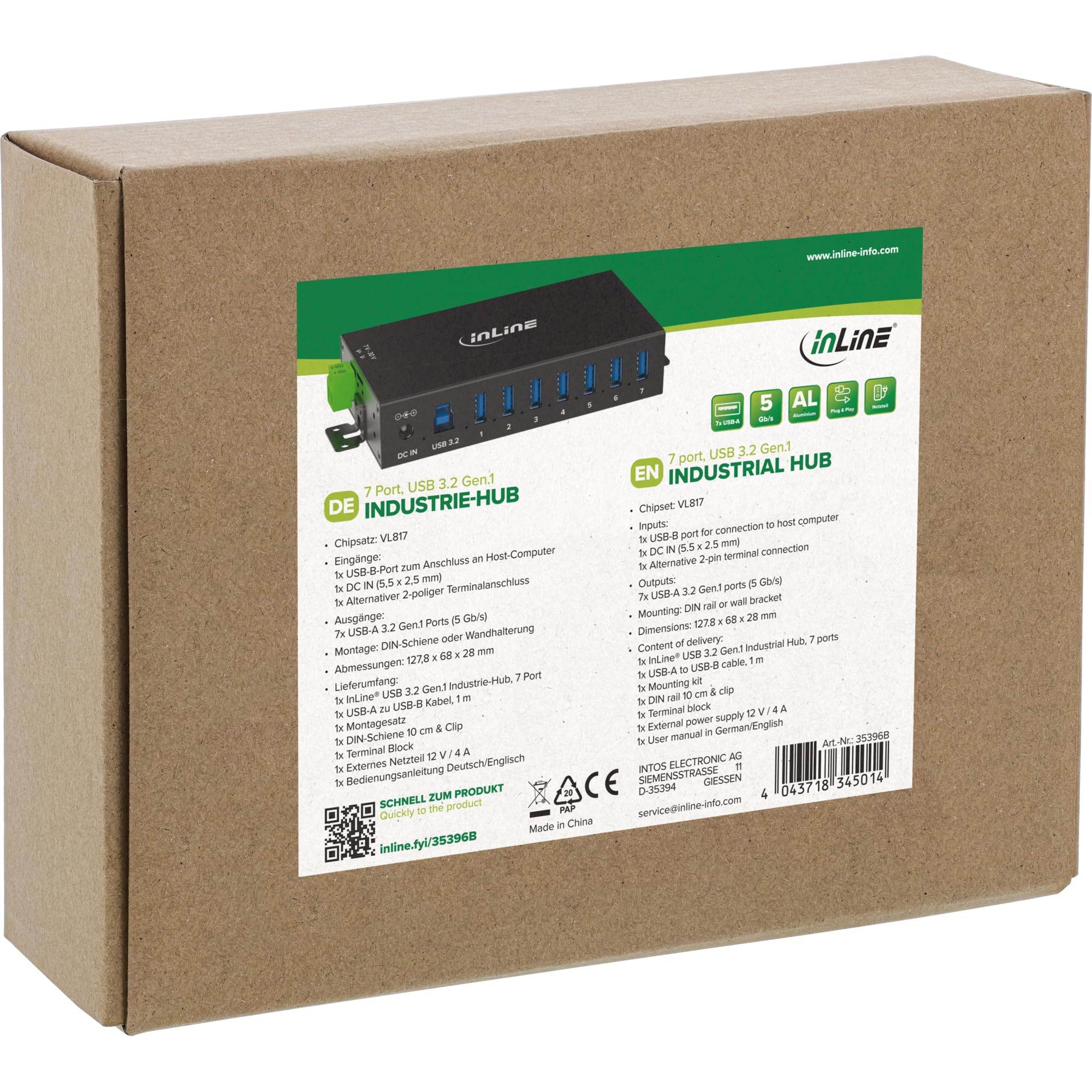 Inline Hub Industrial USB 3.2 Gen.1 con 7 Puertos, Carcasa de Aluminio, Montaje en Carril DIN, concentrador USB Activo con Fuente de alimentación, 5 GB/s, 35396B