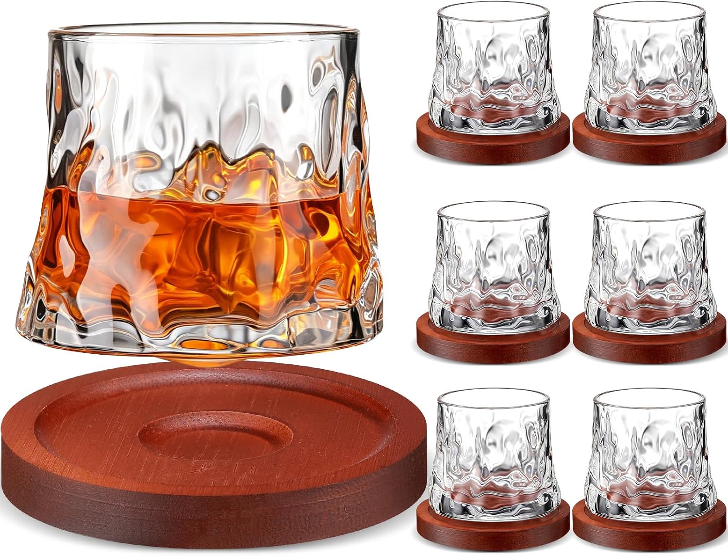 6 Sets Spinning Whiskey Glasses 5.4oz/160ml 360° Rotatable Tumbler Old Fashioned Rotating Crystal Whiskey Glass Cups with Walnut Coaster for Cocktail Coffee Bourbon, Scotch, Liquor Gift