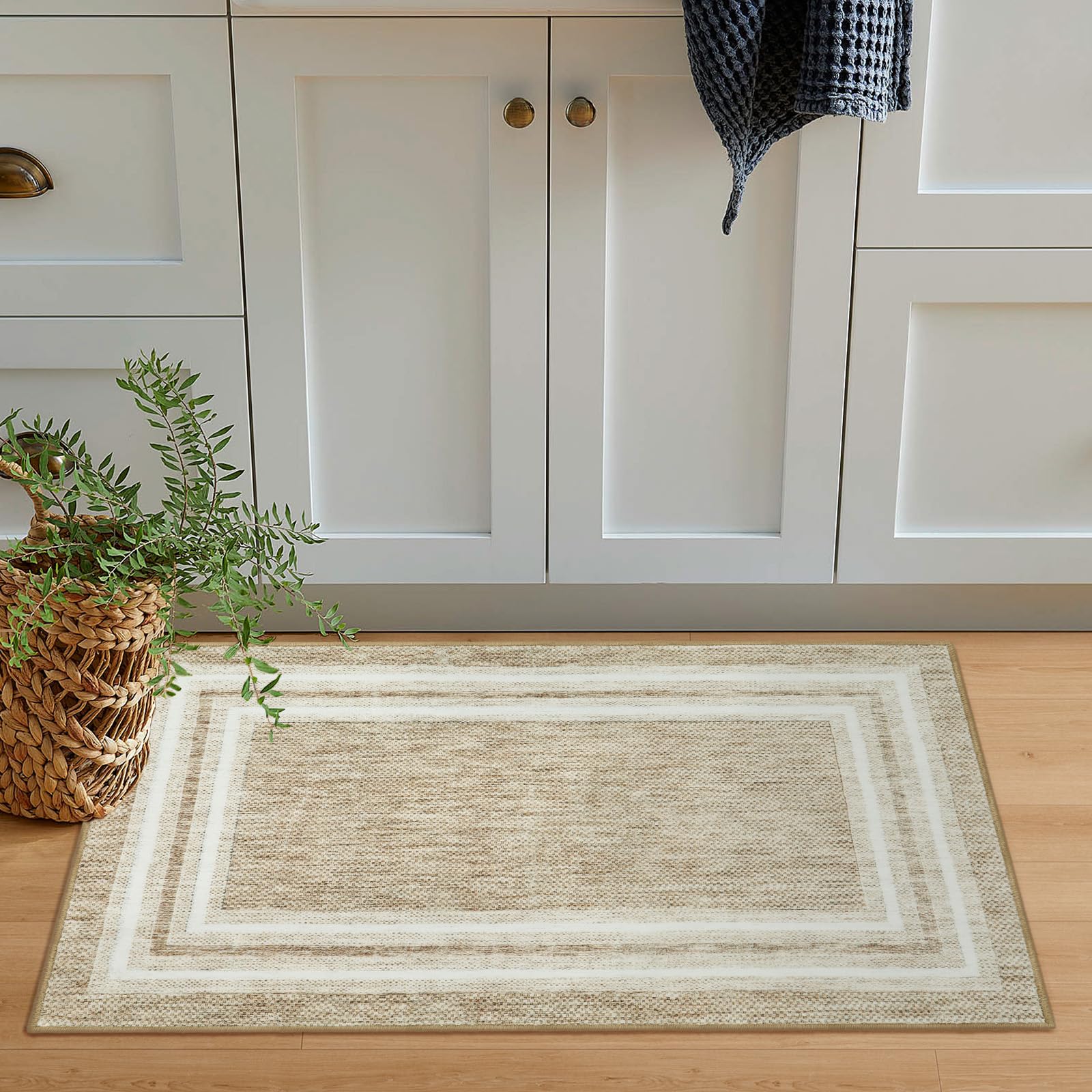 OJIA Modern Bordered Kitchen Rugs Non Slip Washable, 2'x3' Entryway Rug Thin Soft Small Area Rug Indoor Door Mat Non-Shedding Throw Carpet Bathroom Rugs for Bedside Bedroom