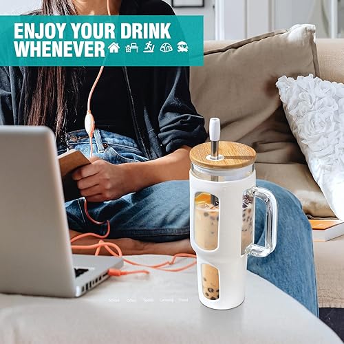 Miniatura 6 de Vaso de vidrio con tapa y pajilla, taza para café helado de 46 oz con asa, botellas de agua grandes con funda de silicona, taza de vidrio con