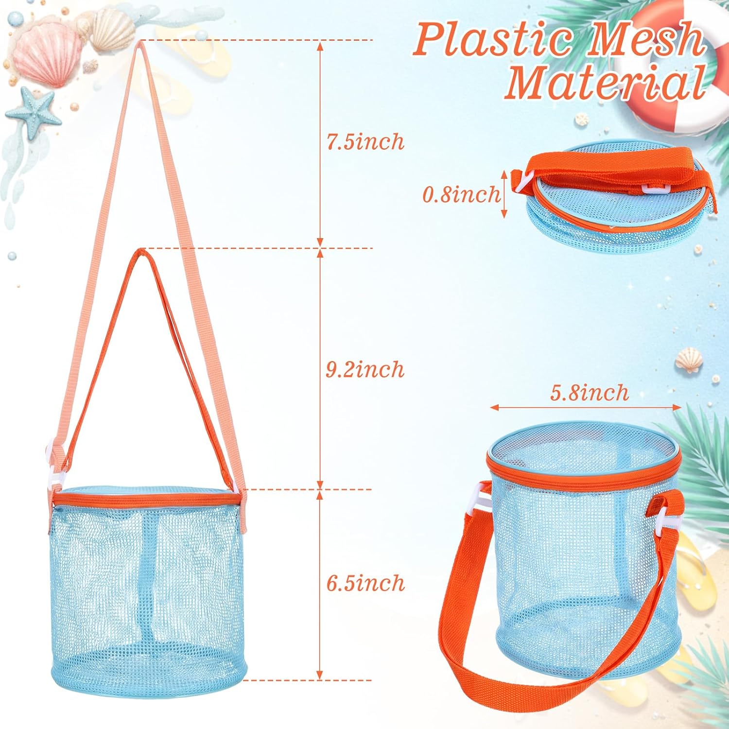6 Pcs Sea Shell Bags for Beach Mesh Seashell Holder Shelling Foldable Toy Storage Bag Collecting Bucket Bulk for Sandbox Beach Vacation Essentials Kids Sand Toy Box