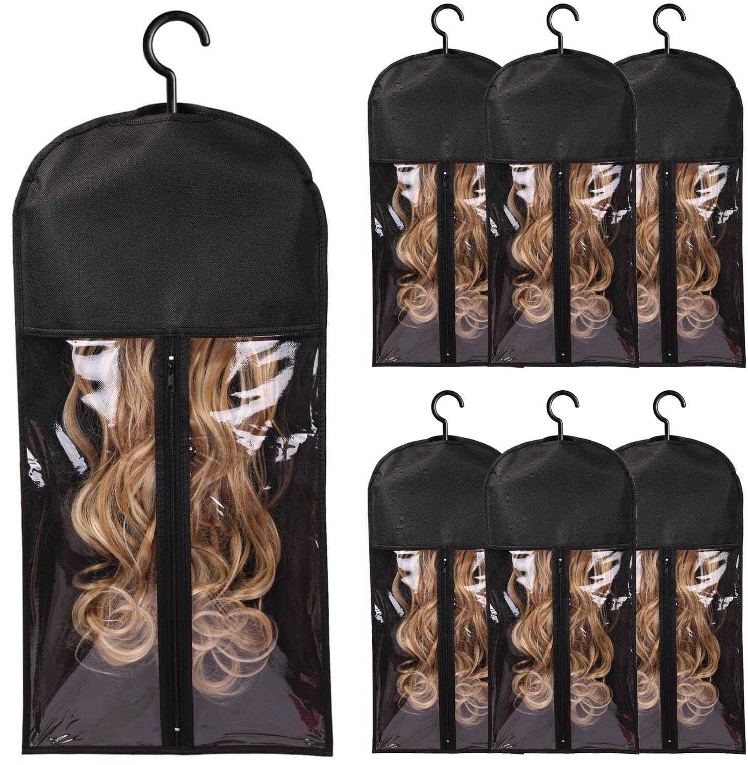 Wig Storage Bags 6PCS Hair Extension Holder Dust-proof Wig Bags Storage with Hanger Portable Wig Storage for Multiple Wigs Holder Wig Hanger Stand with Transparent Zip Up Closure Wigs (Black)
